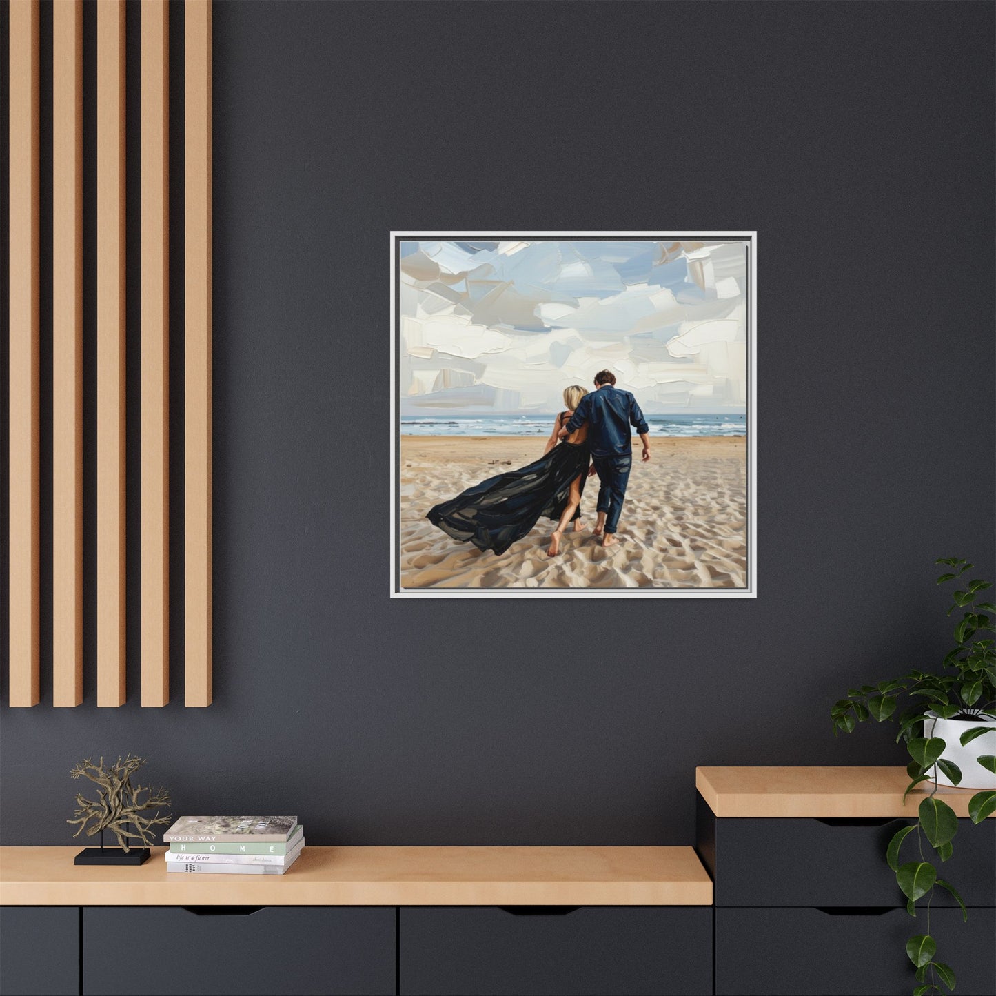 Framed Canvas Wall Art — Romantic Couple Walking on Beach Print