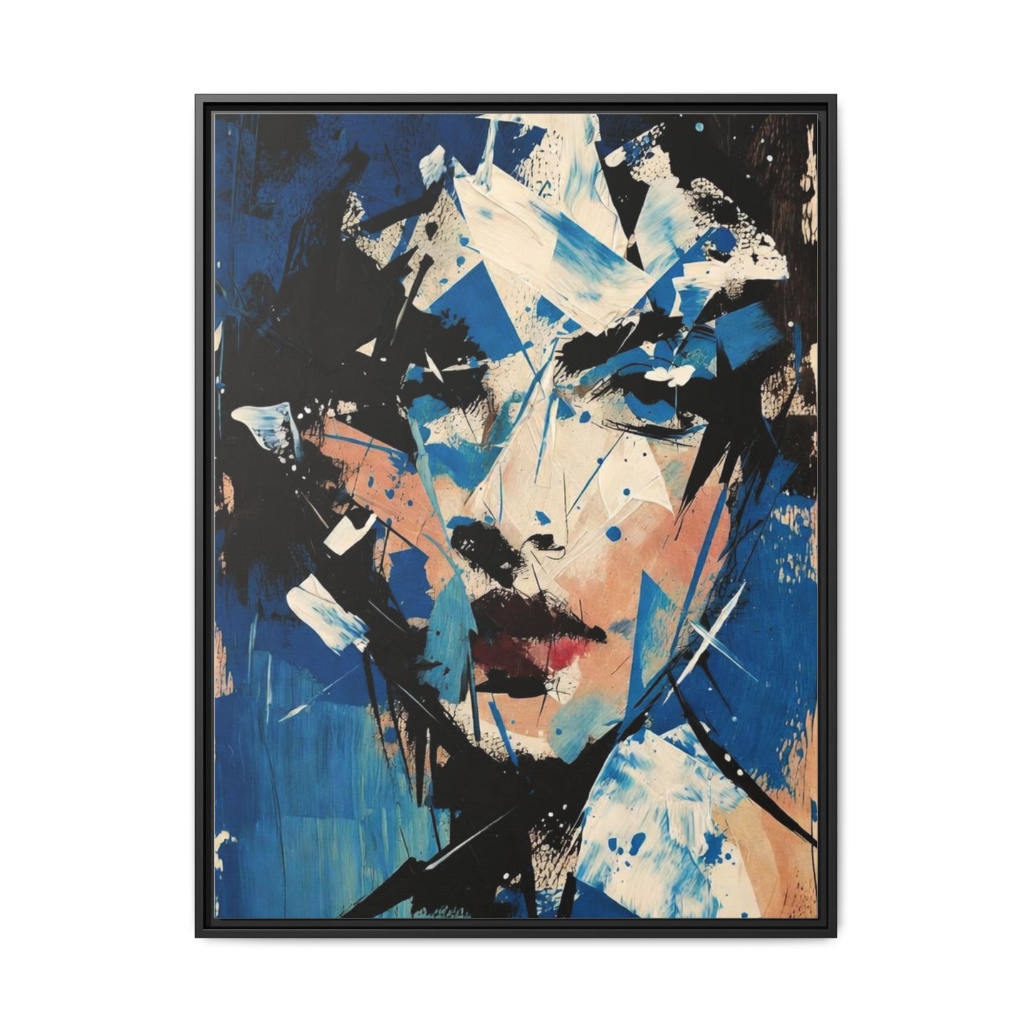 Abstract Portrait Matte Canvas Framed Wall Art — Blue Mixed-Media Face Print