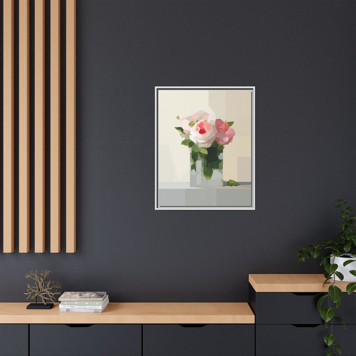 Framed Floral Canvas Print — Geometric Pink Rose Wall Art
