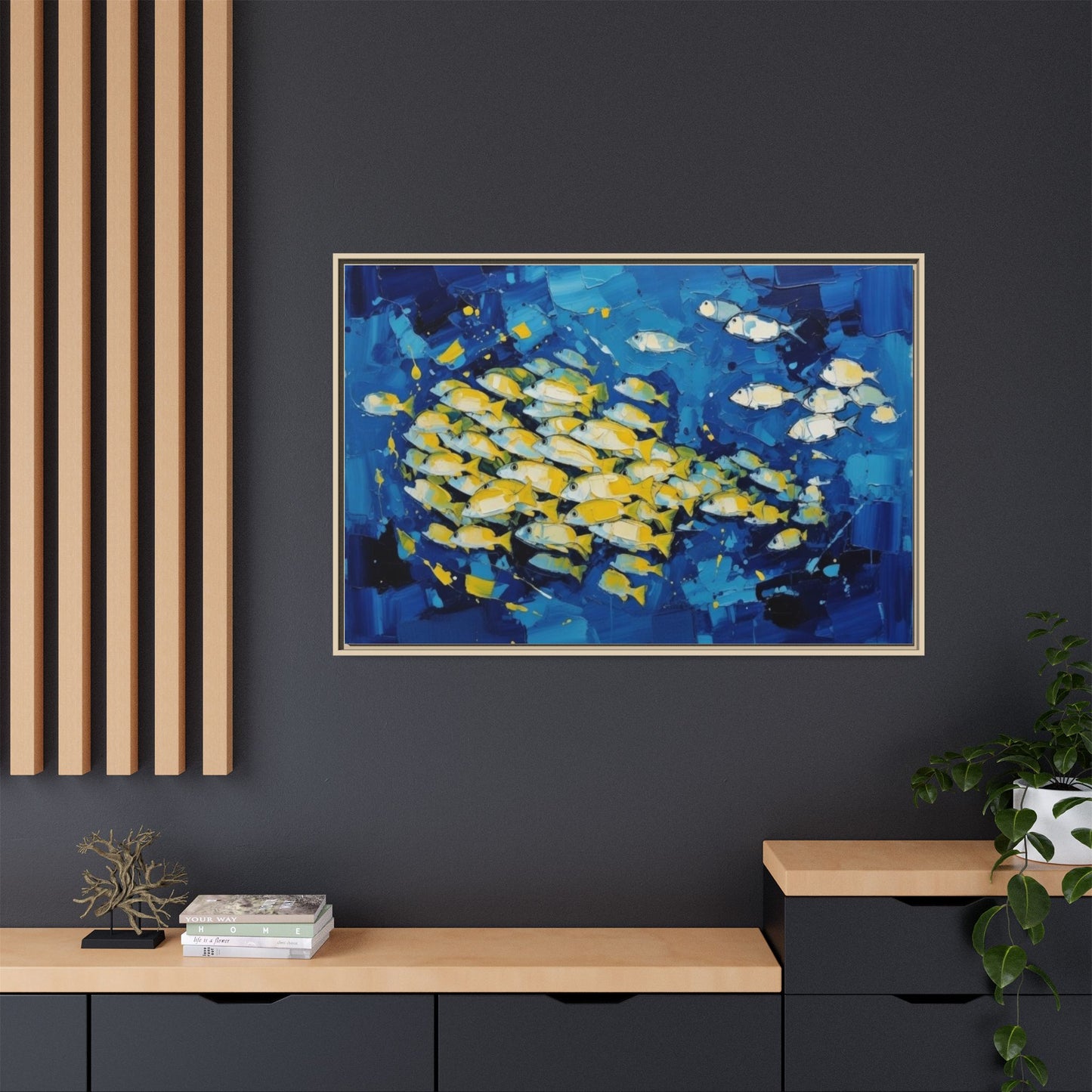Framed Matte Canvas: Blue School of Fish Wall Art