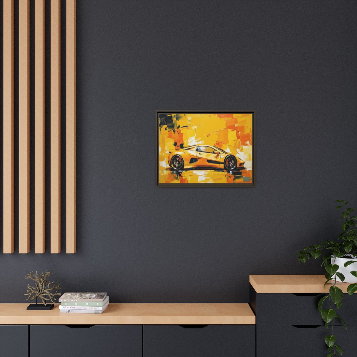 Yellow Sports Car Abstract Matte Canvas Framed Print