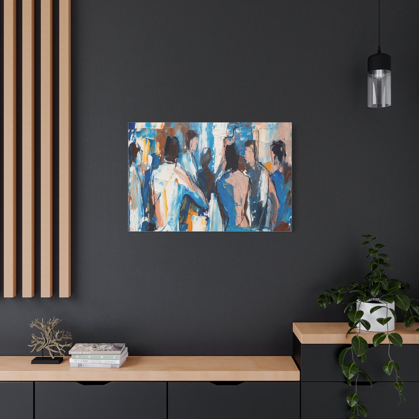 Abstract Figurative Canvas Art — Blue Social Scene Matte Stretched Canvas