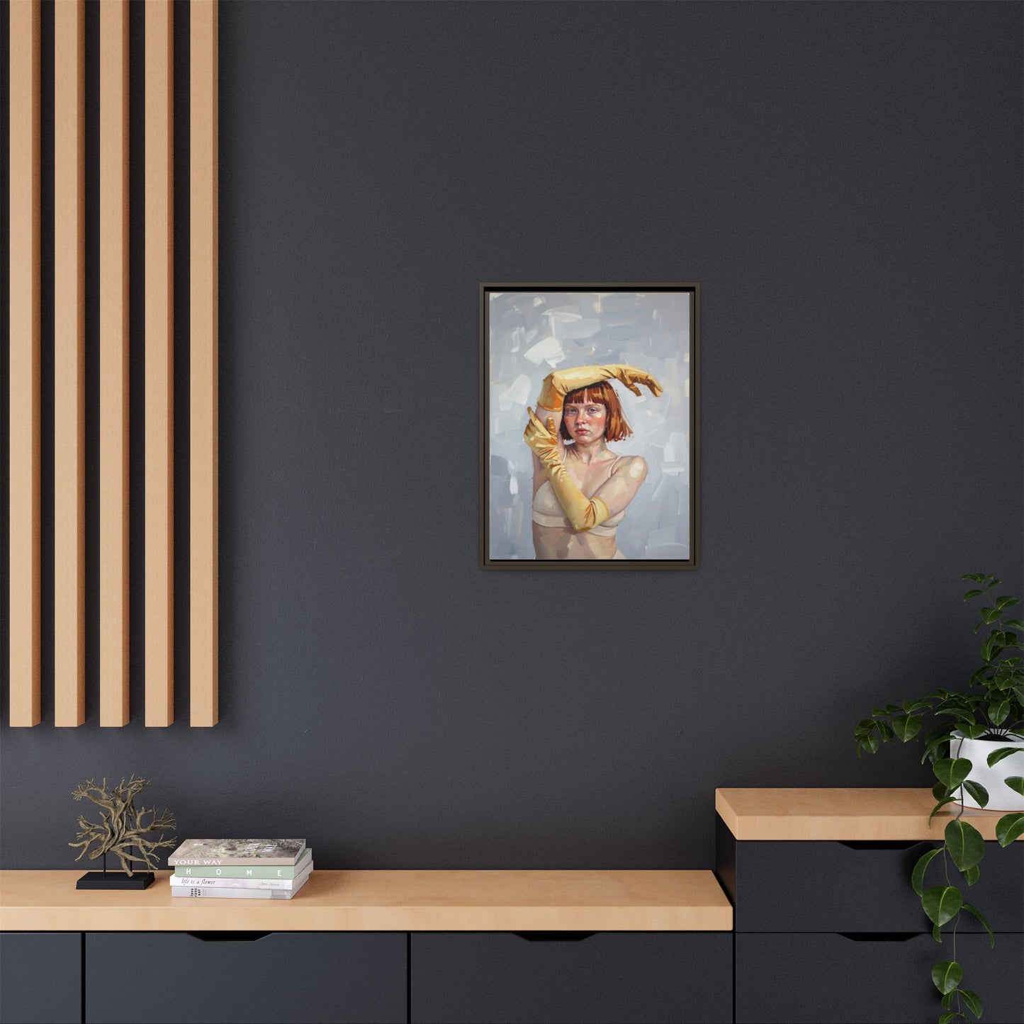 Contemporary Portrait Canvas Print — Woman with Yellow Gloves (Framed Matte)