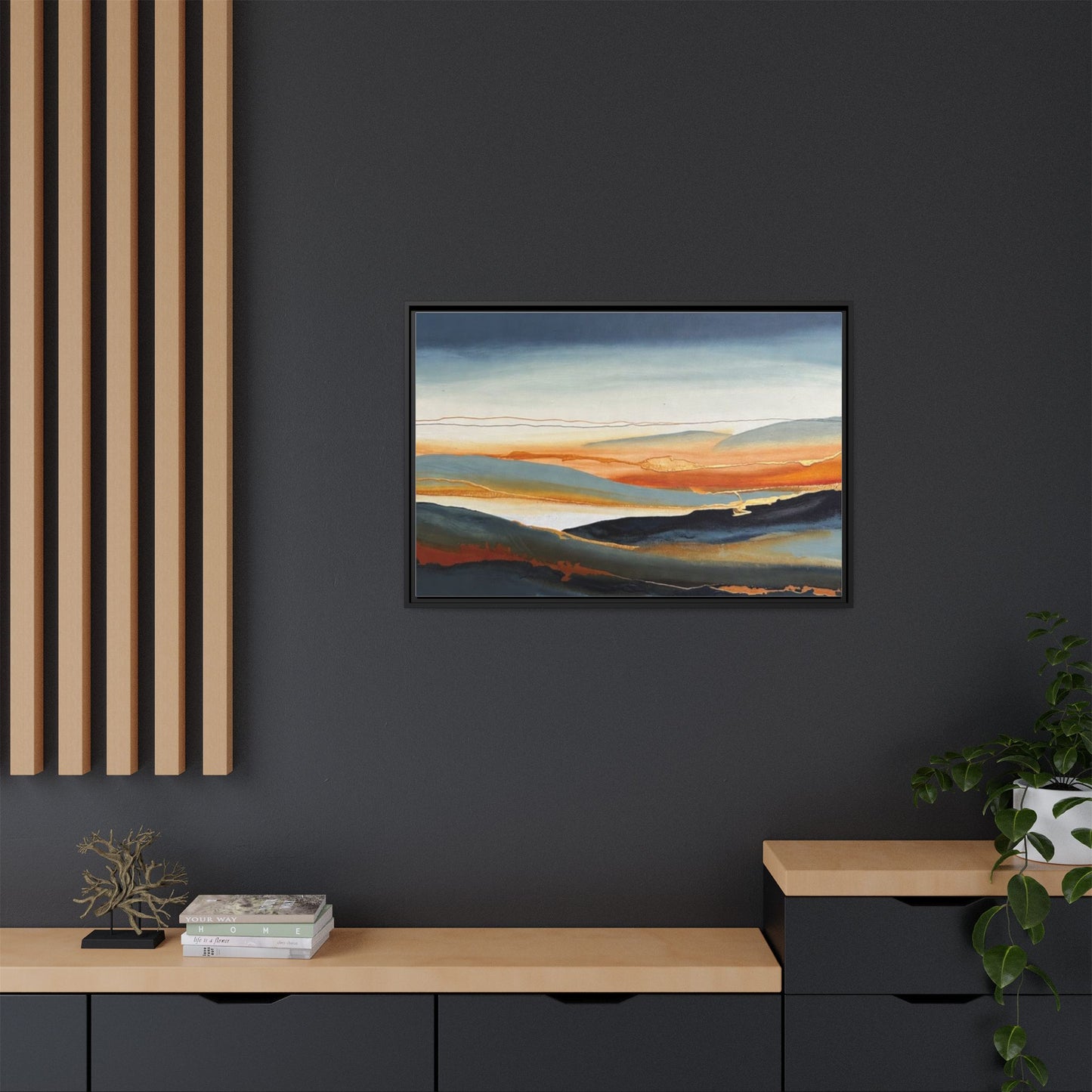 Framed Matte Canvas: Abstract Coastal Sunset Landscape Wall Art