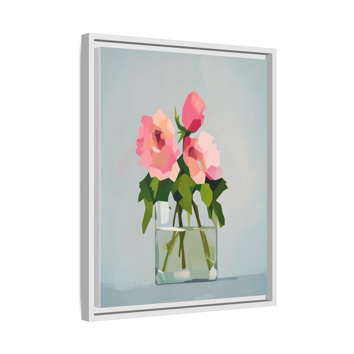 Framed Floral Canvas Print — Pink Roses in Glass Vase (Matte)