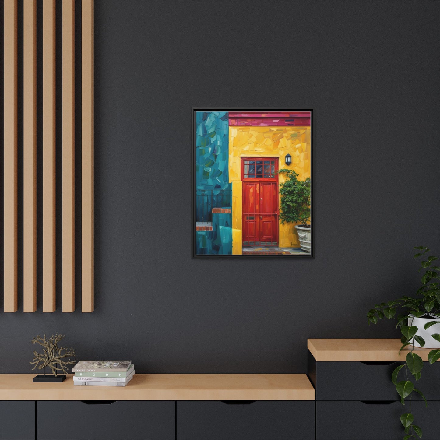 Framed Matte Canvas Wall Art — Colorful Red Door on Yellow Facade