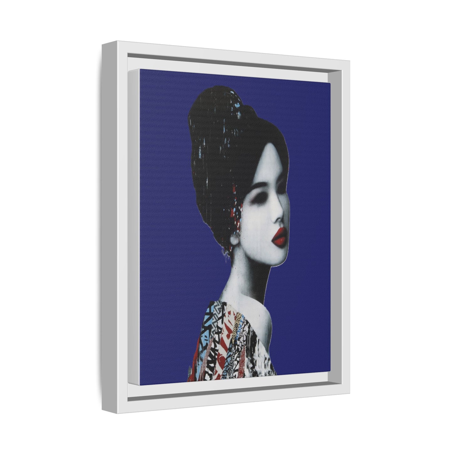 Framed Matte Canvas Art — Elegant Geisha Portrait on Deep Blue
