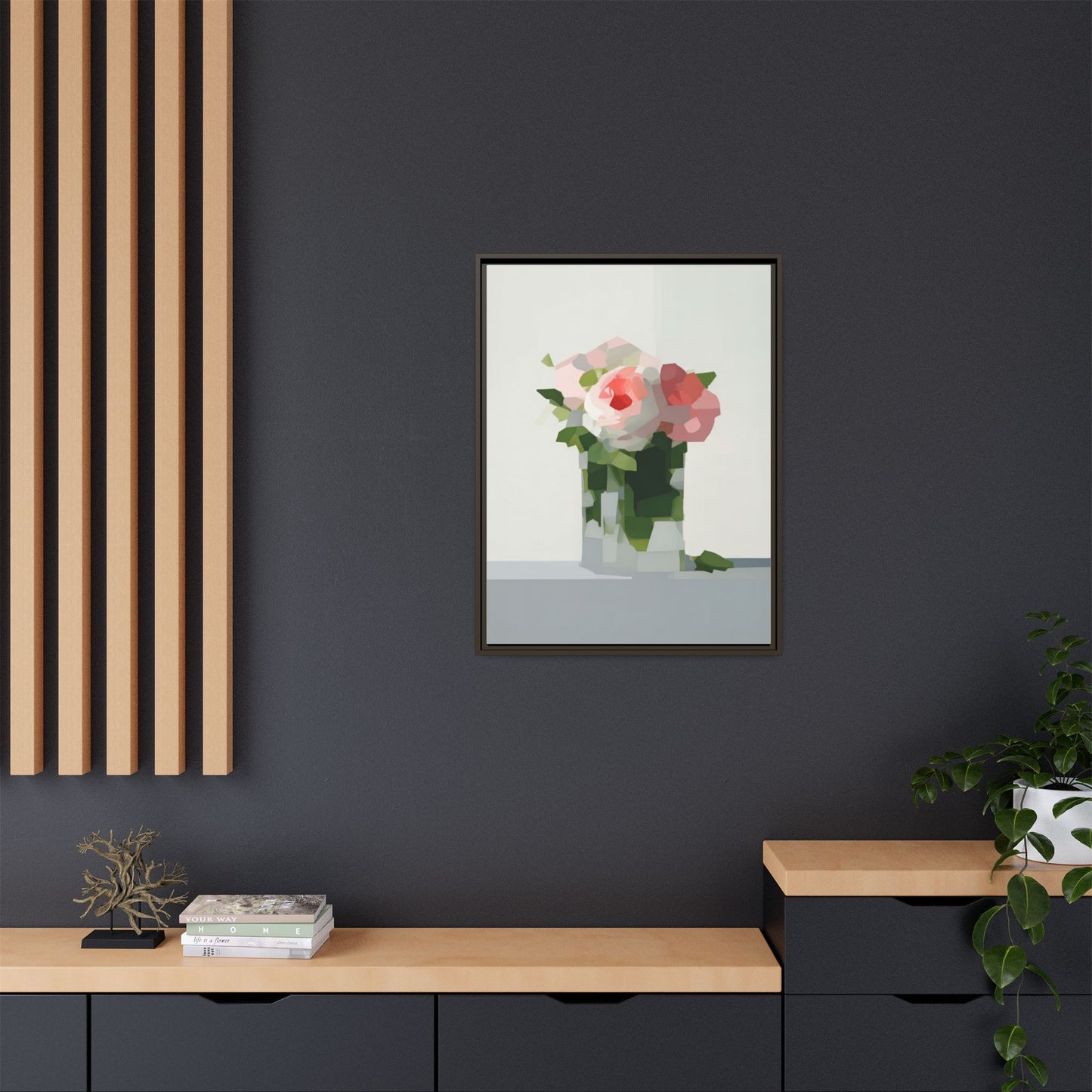 Framed Floral Canvas Print — Modern Pink Roses Still Life