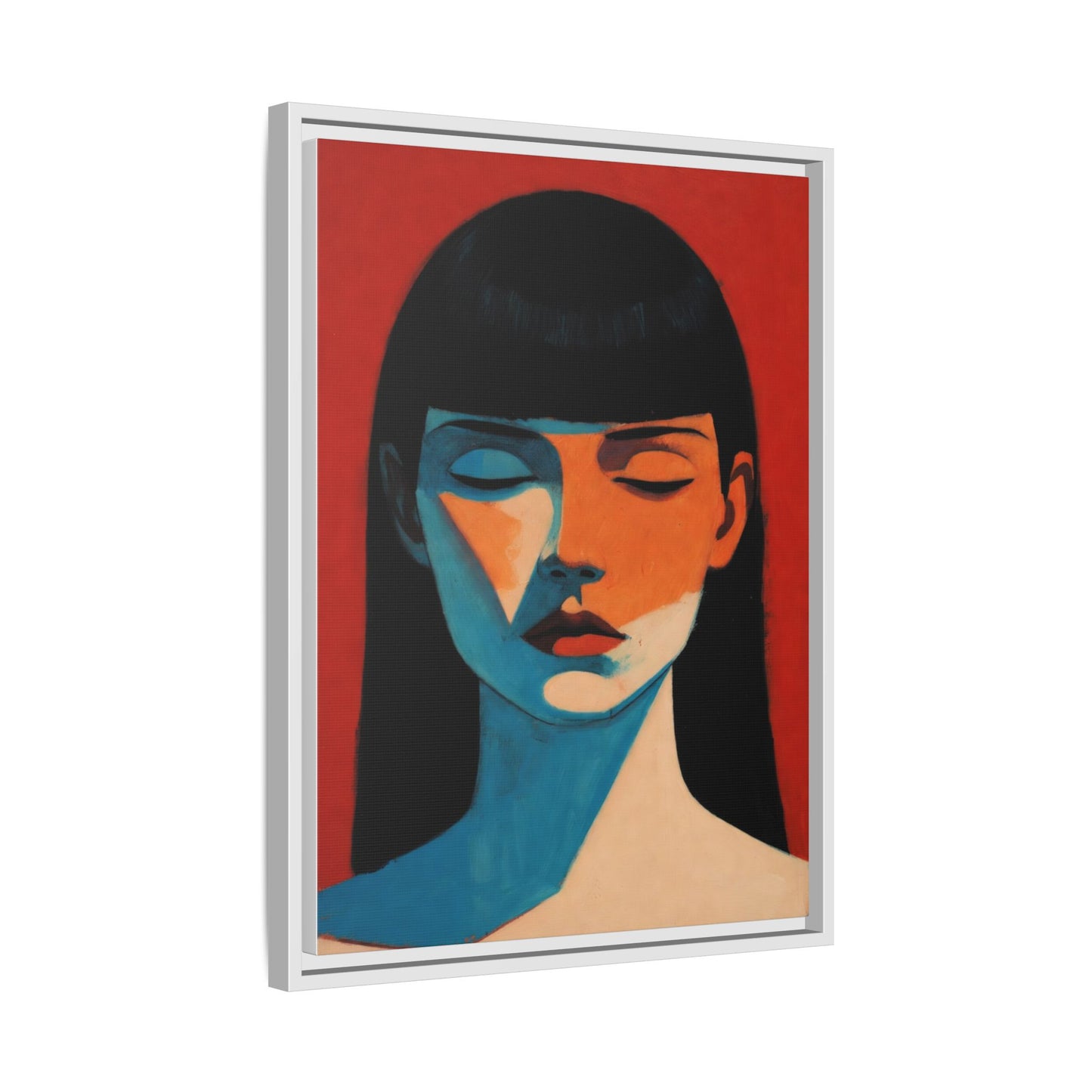 Framed Matte Canvas Art – Minimalist Portrait in Red & Teal