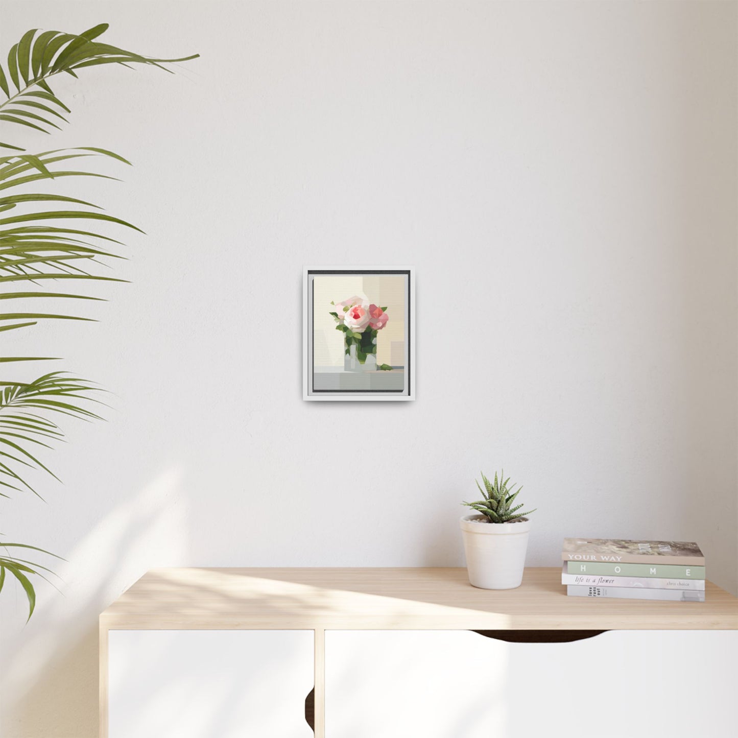 Framed Floral Canvas Print — Geometric Pink Rose Wall Art
