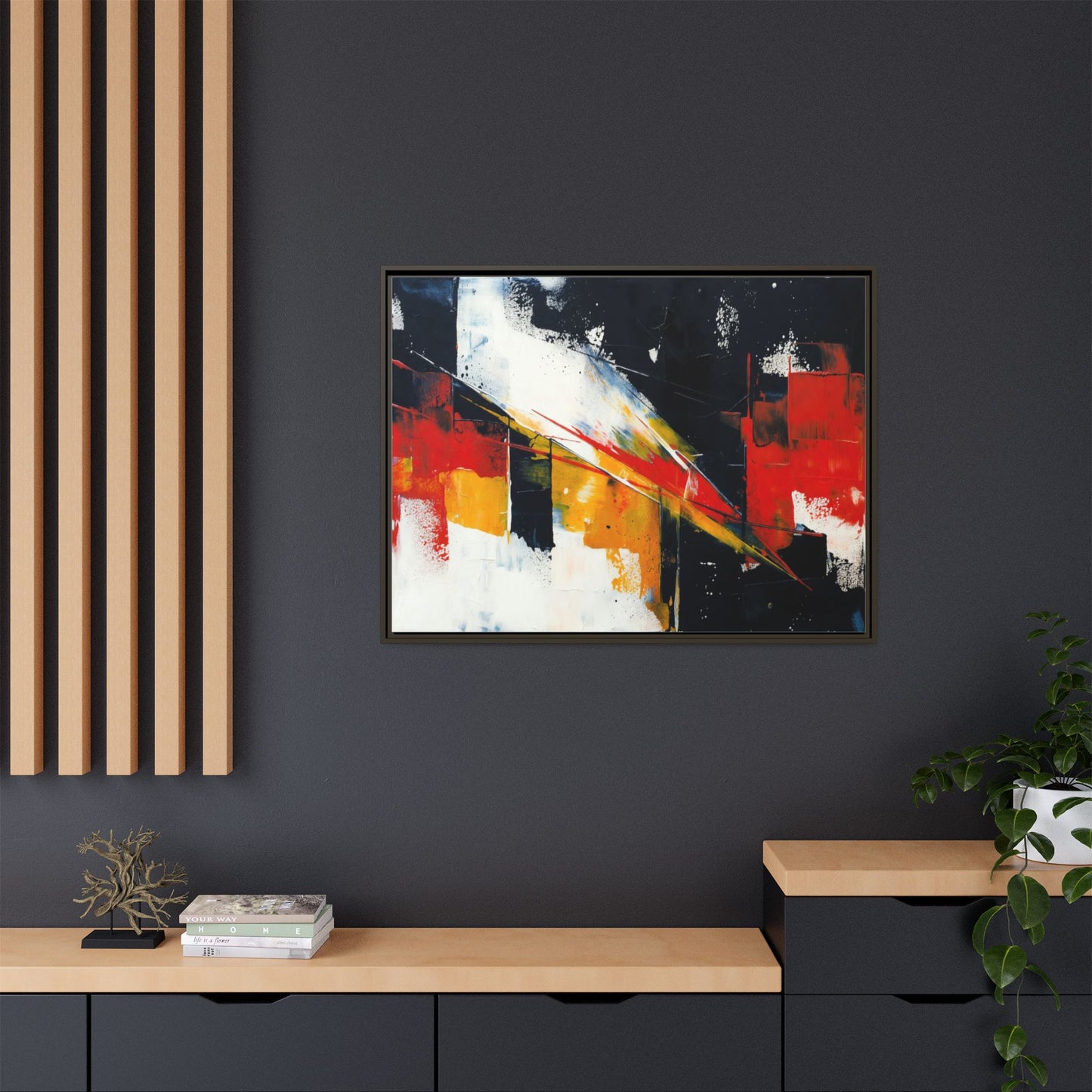 Abstract Red & Black Framed Canvas Print — Modern Geometric Wall Art