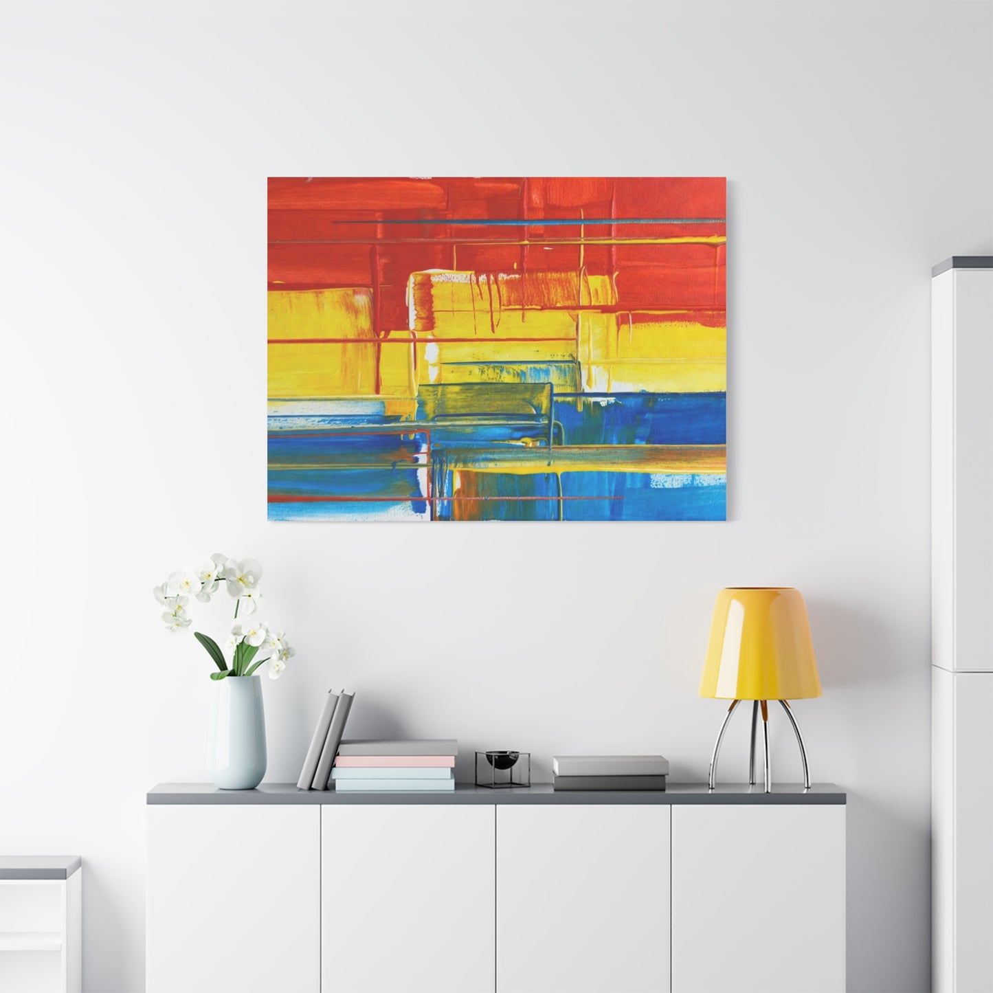 Abstract Color Block Canvas Print — Vibrant Red, Yellow & Blue Stretched Wall Art