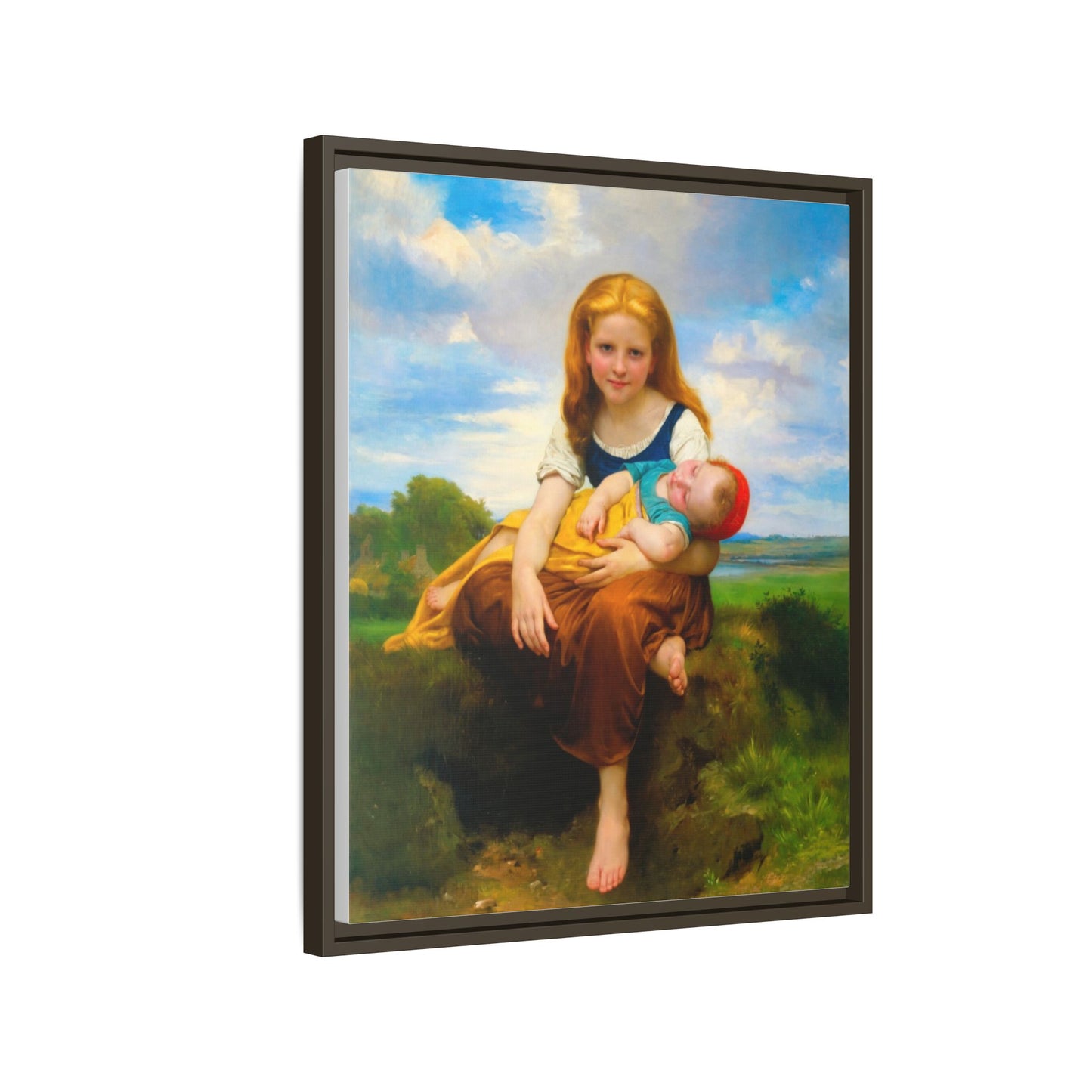 Young Girl Holding Sleeping Baby Canvas Print, Framed Wall Art