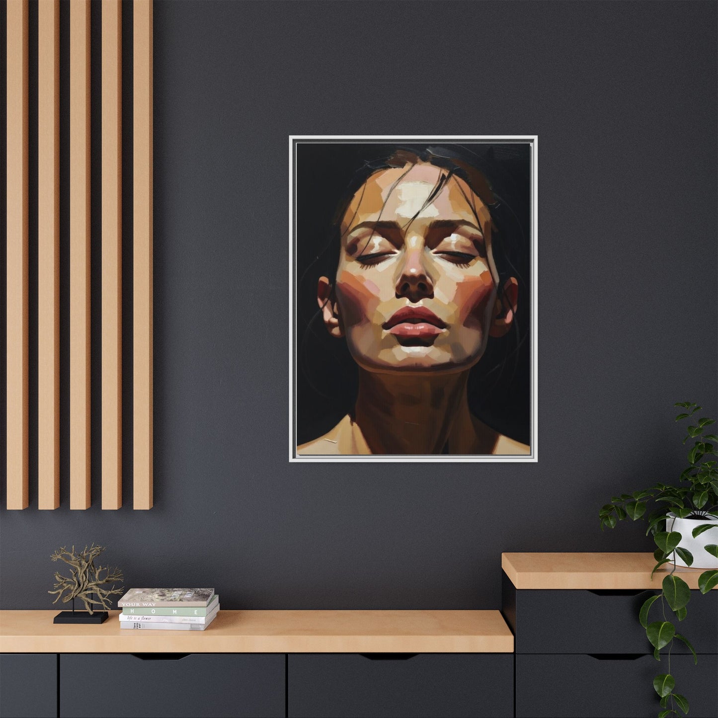 Framed Matte Canvas Portrait – Woman with Eyes Closed (Multi‑Color)