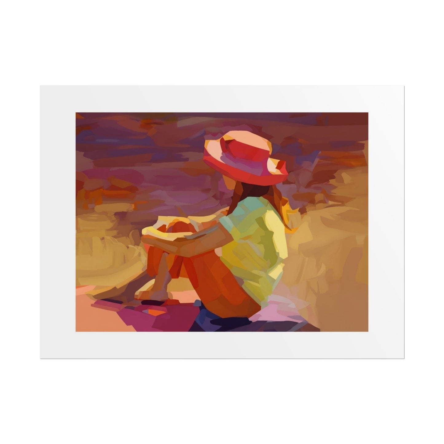 Sunset Daydream Rolled Poster — Colorful Girl in Hat Beach Art Print
