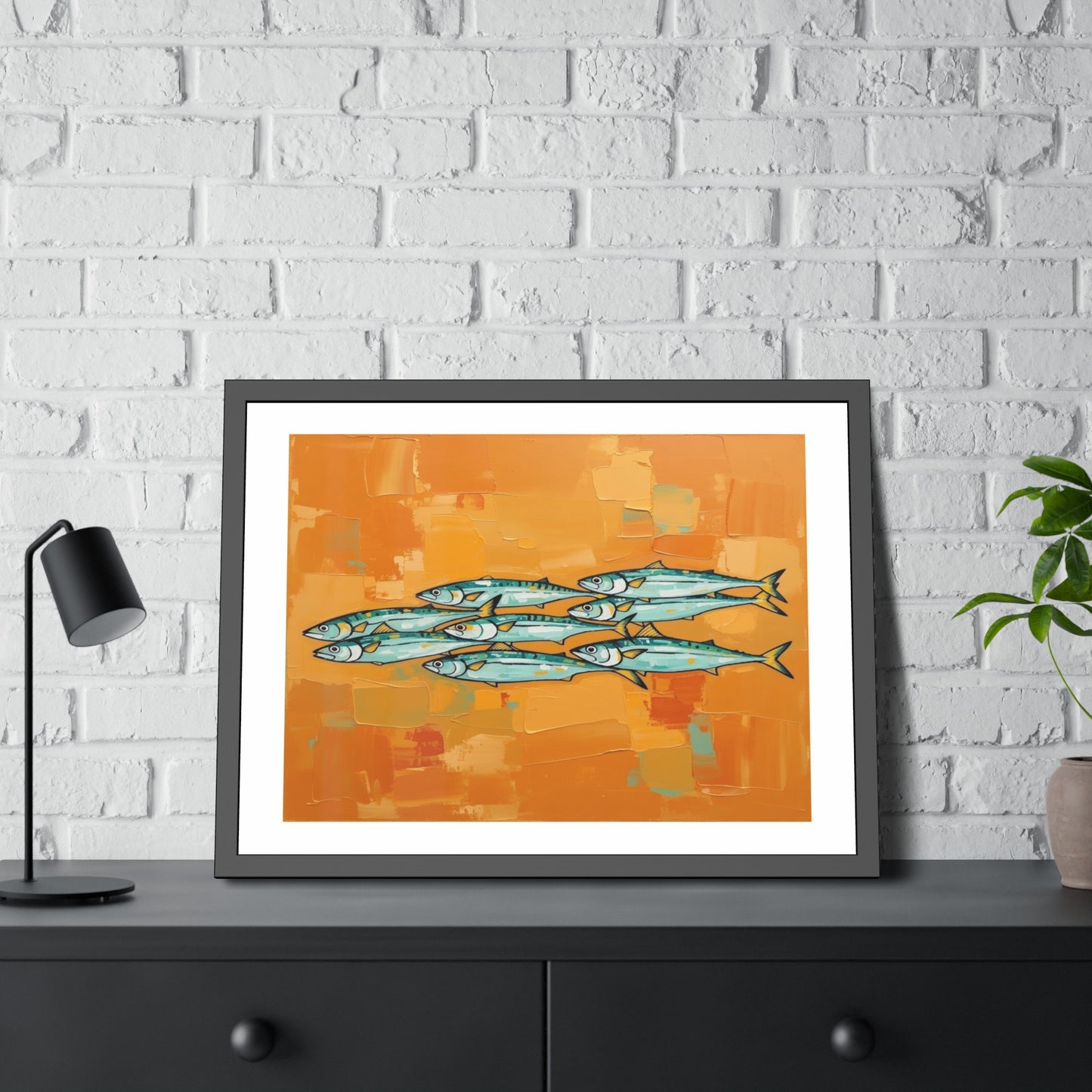 Framed Fish Art Print — School of Mackerel on Orange Abstract Background