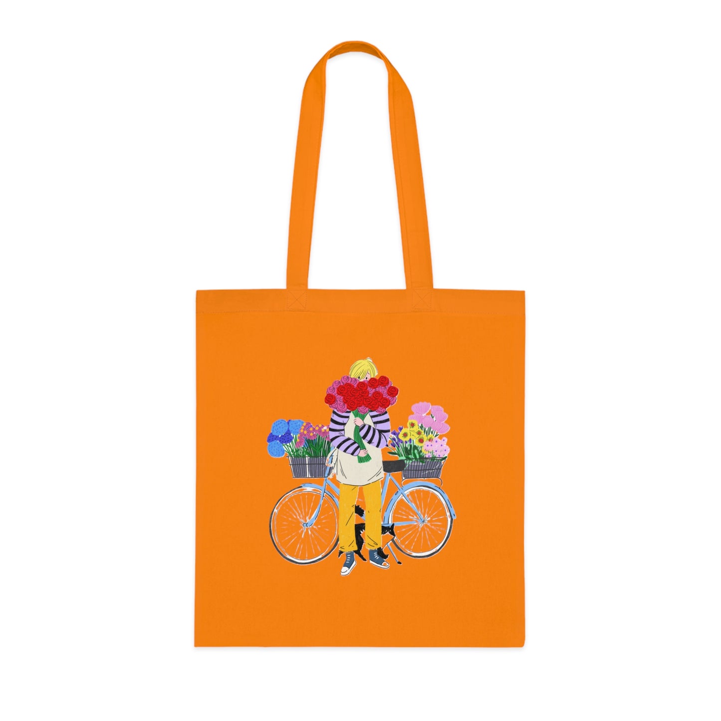 Floral Bike Tote Bag — Cotton Market Tote with Colorful Flower Bicycle Design