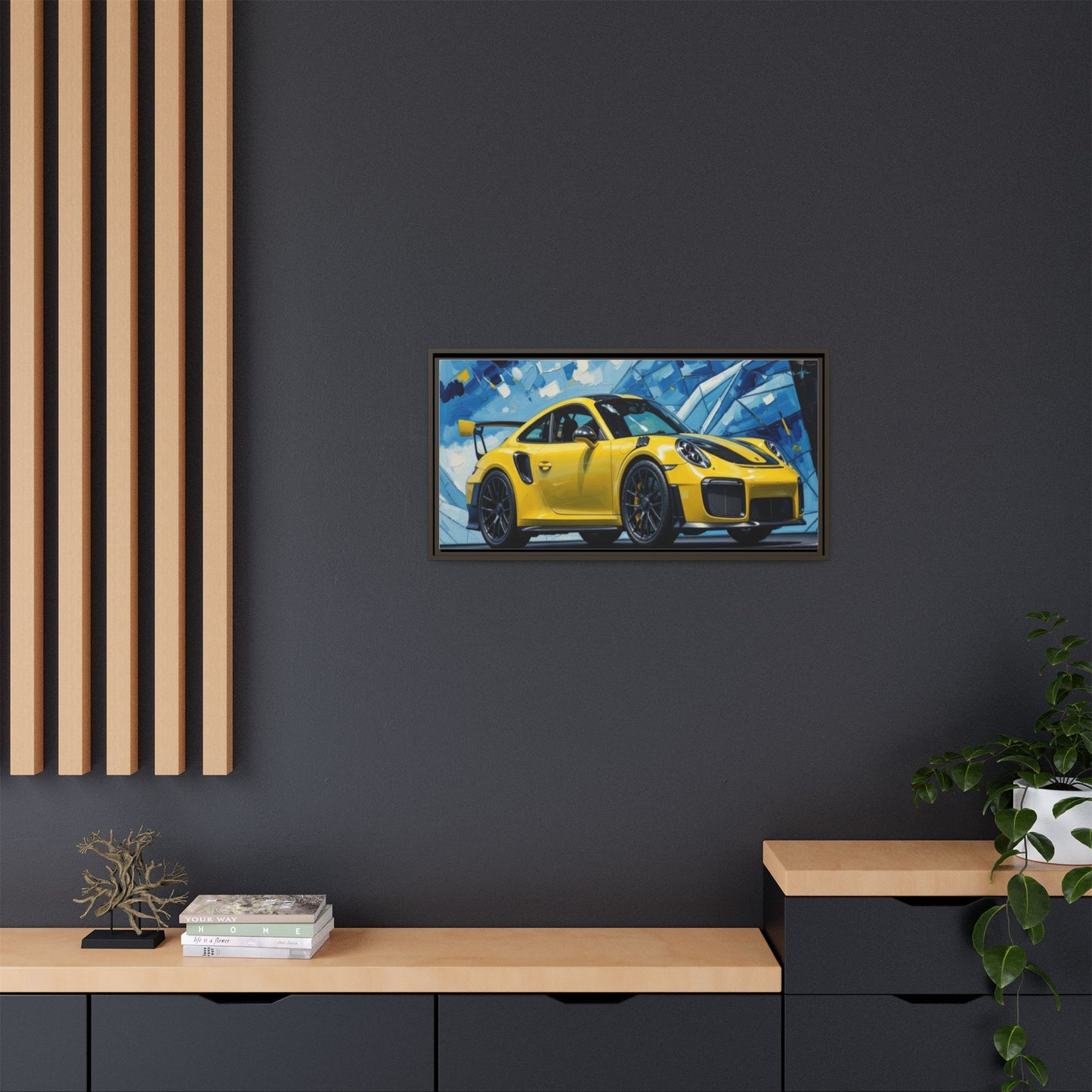 Yellow Porsche Sports Car Matte Framed Canvas – Modern Automotive Wall Art