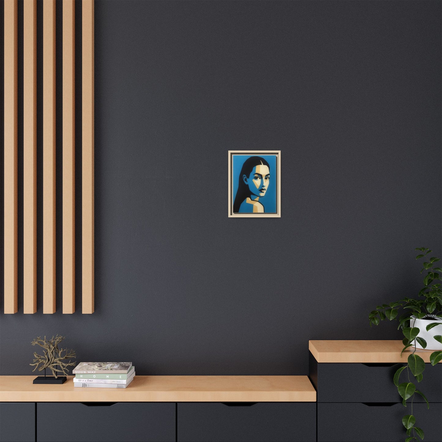 Framed Pop Art Portrait Canvas — Blue Geometric Woman Print