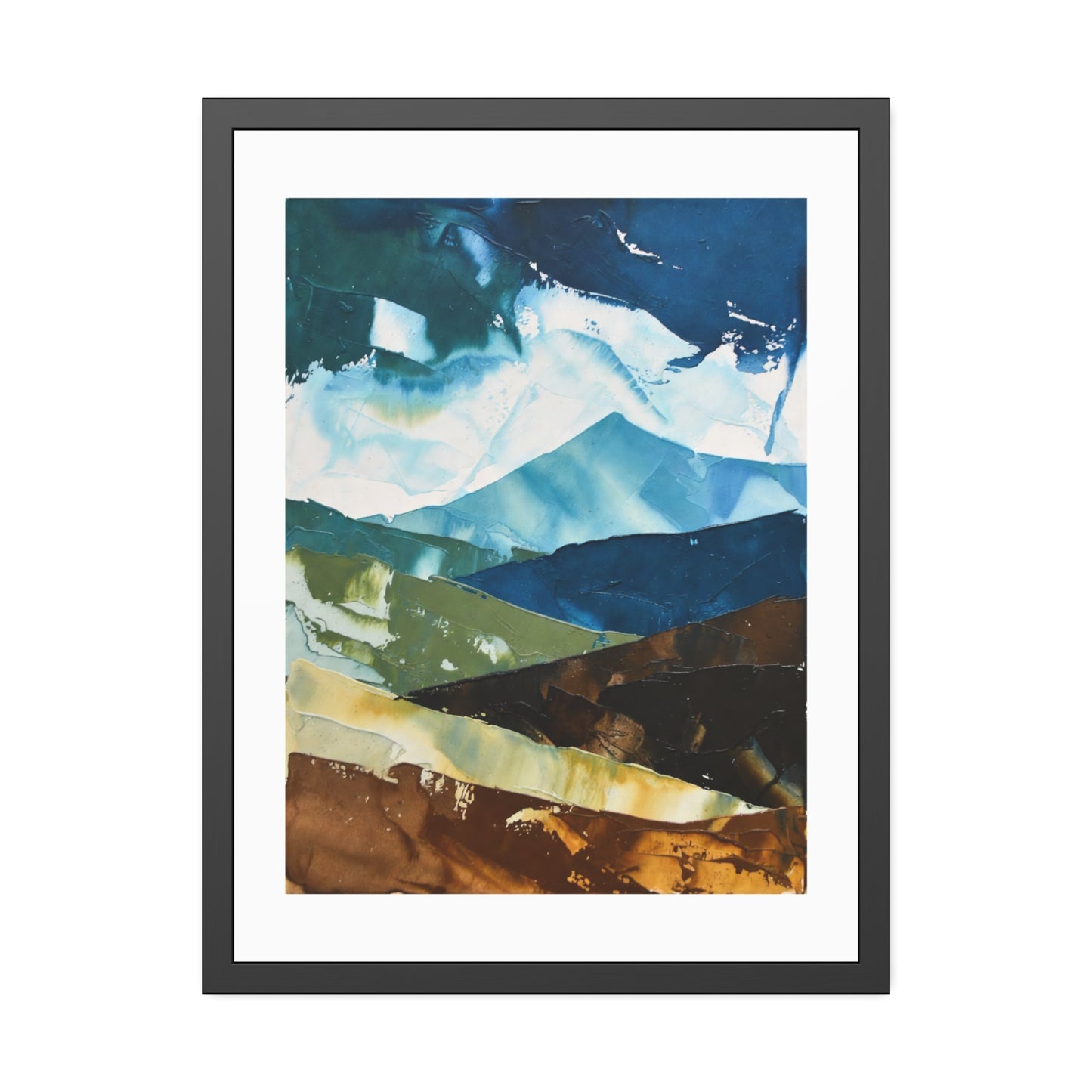 Framed Abstract Mountain Art Print – Blue & Earthtone Layered Landscape Poster