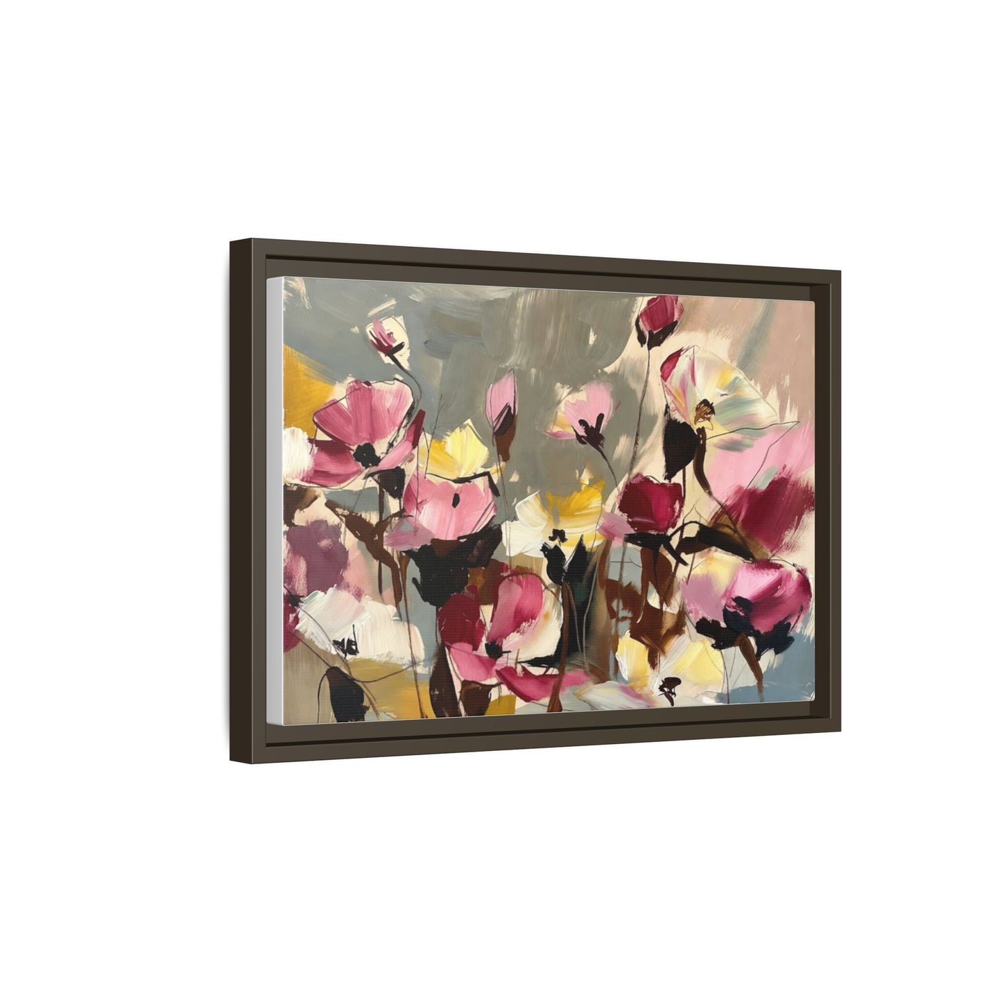 Framed Floral Canvas Wall Art — Abstract Pink & Yellow Flowers