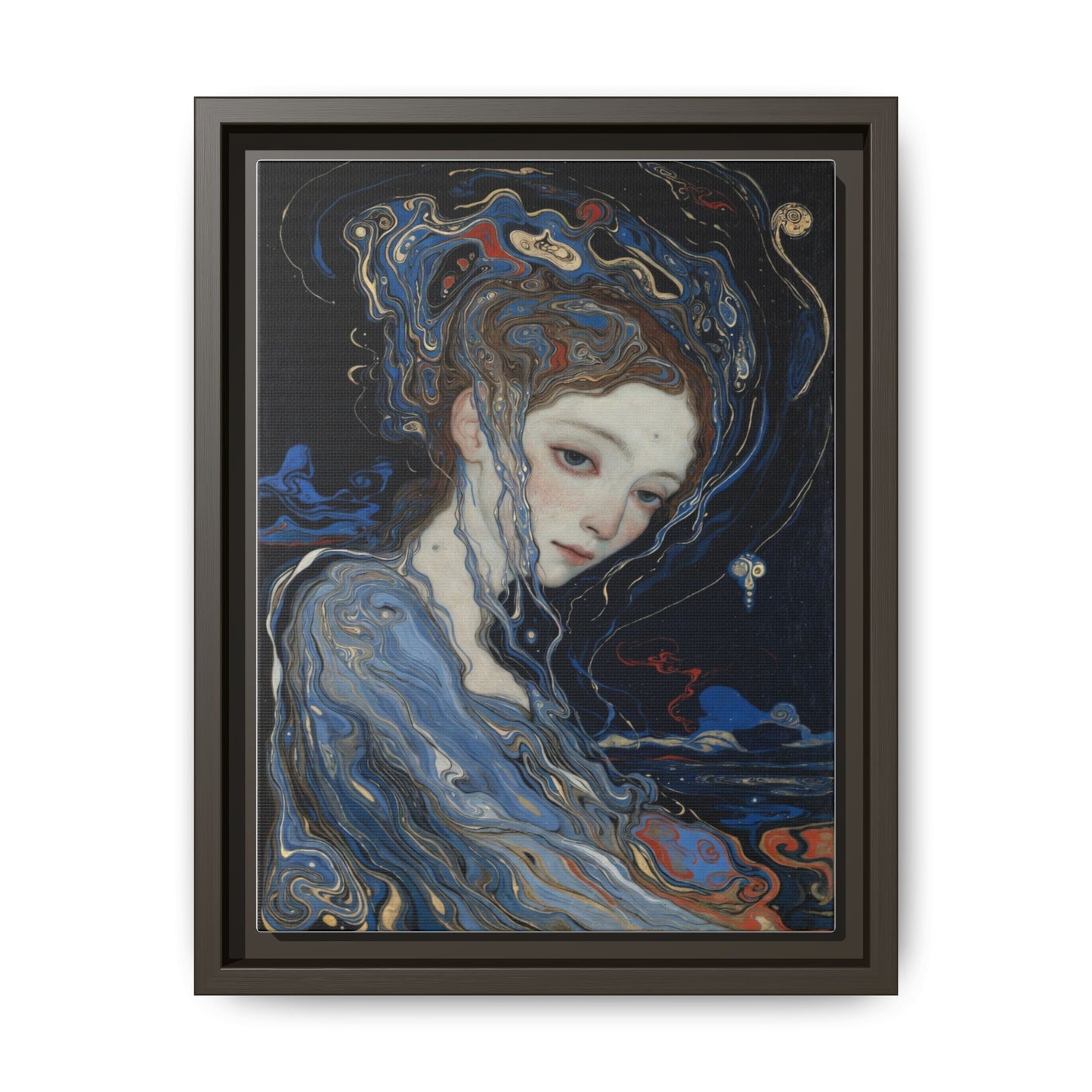 Framed Matte Canvas Art Print — Surreal Blue Maiden Portrait