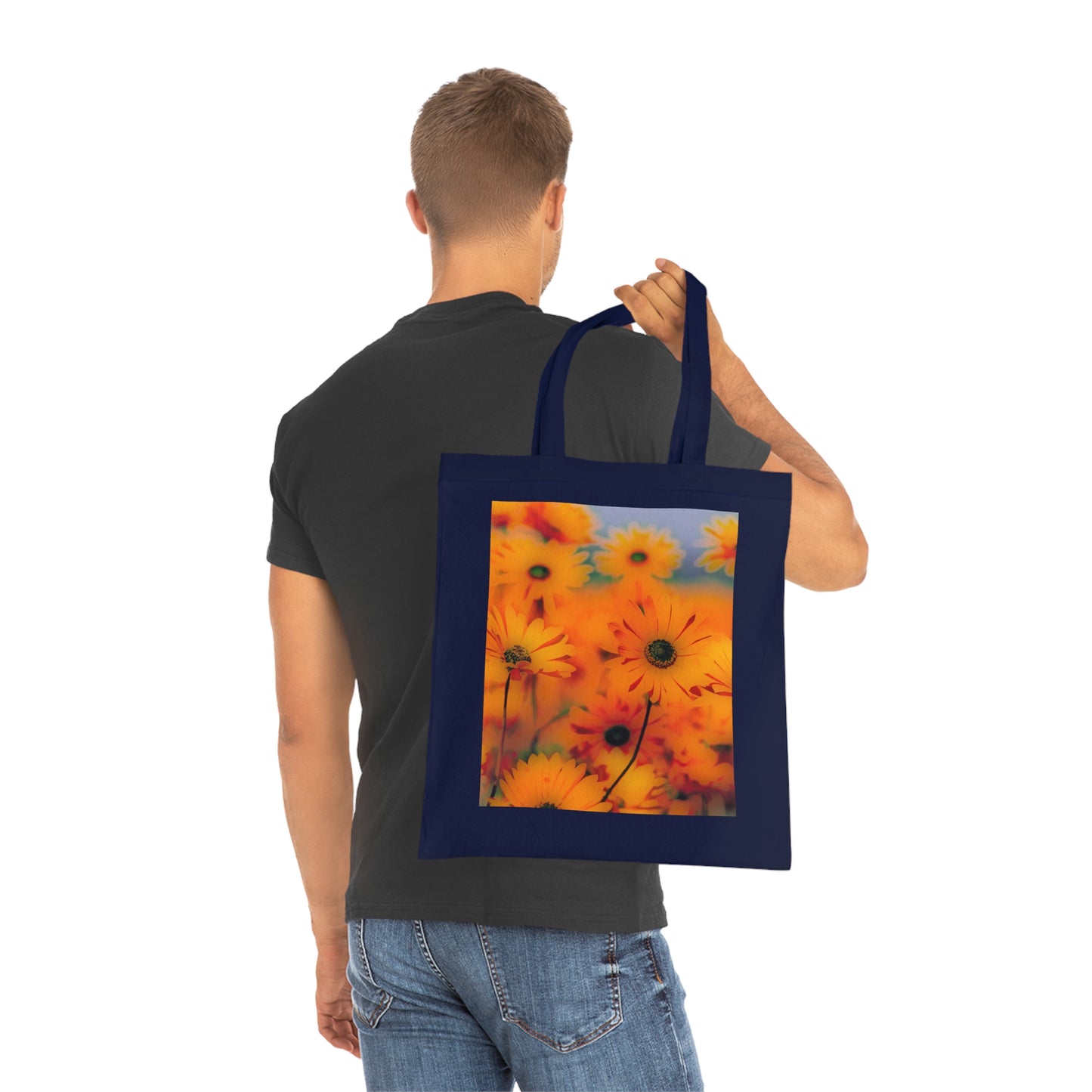 Floral Sunburst Cotton Tote — Bright Orange Daisy Print