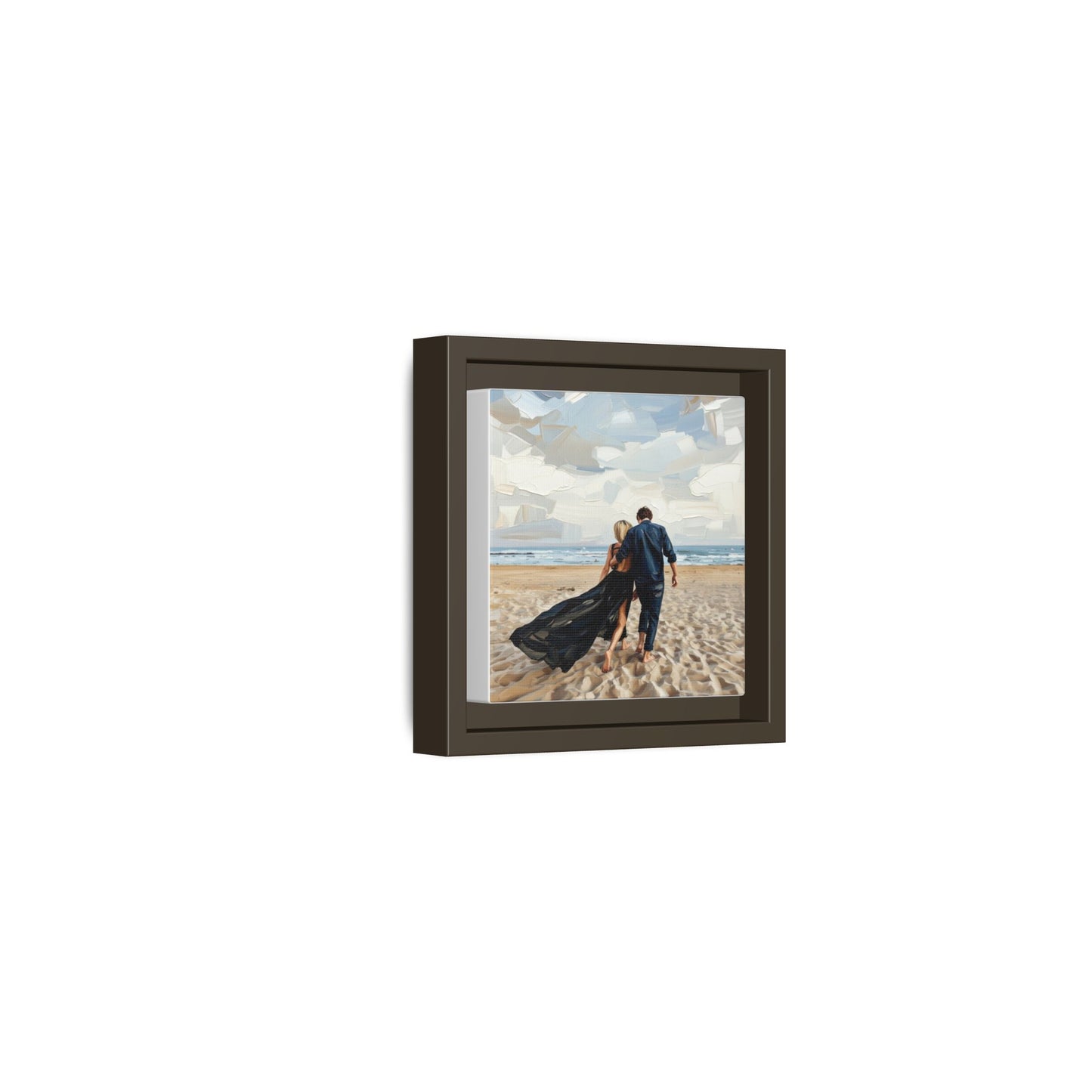 Framed Canvas Wall Art — Romantic Couple Walking on Beach Print