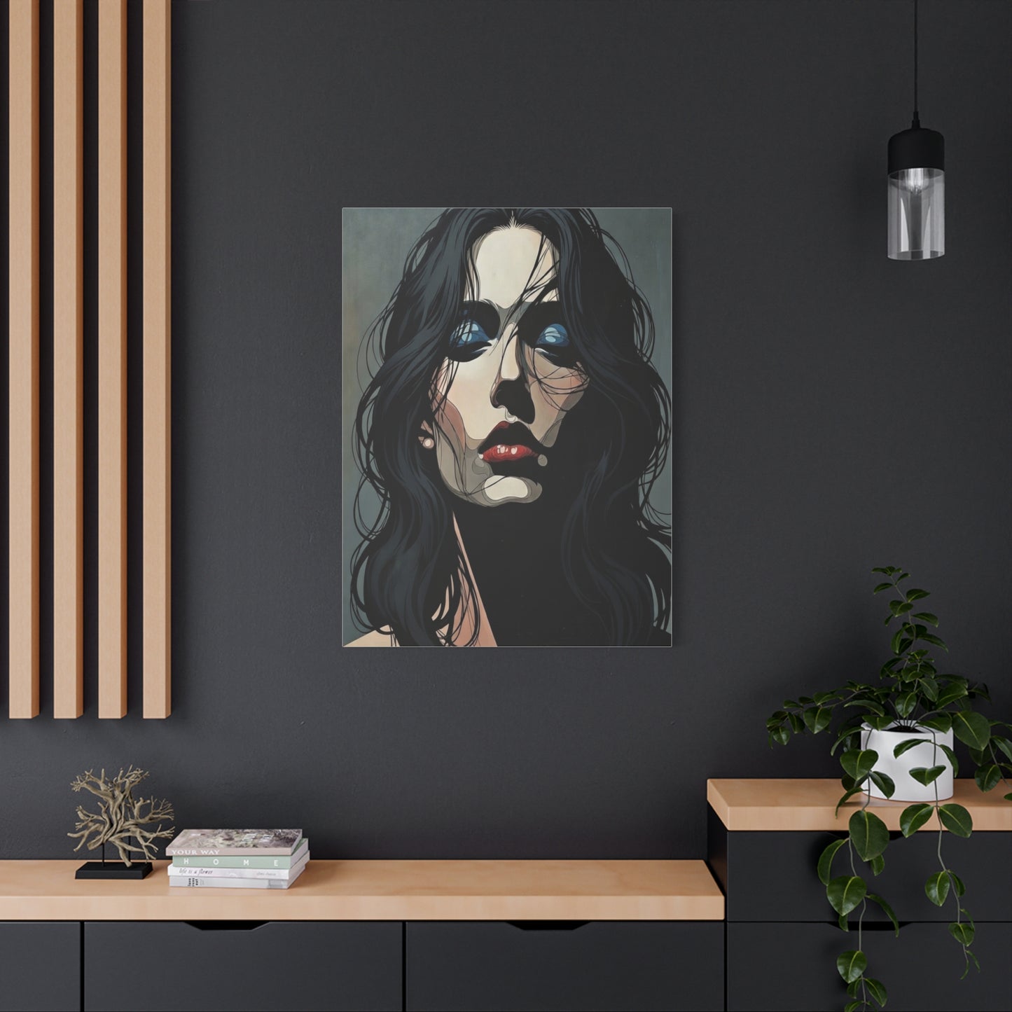 Dark Glam Portrait Canvas Art — Moody Woman Face Matte Stretched Wall Decor