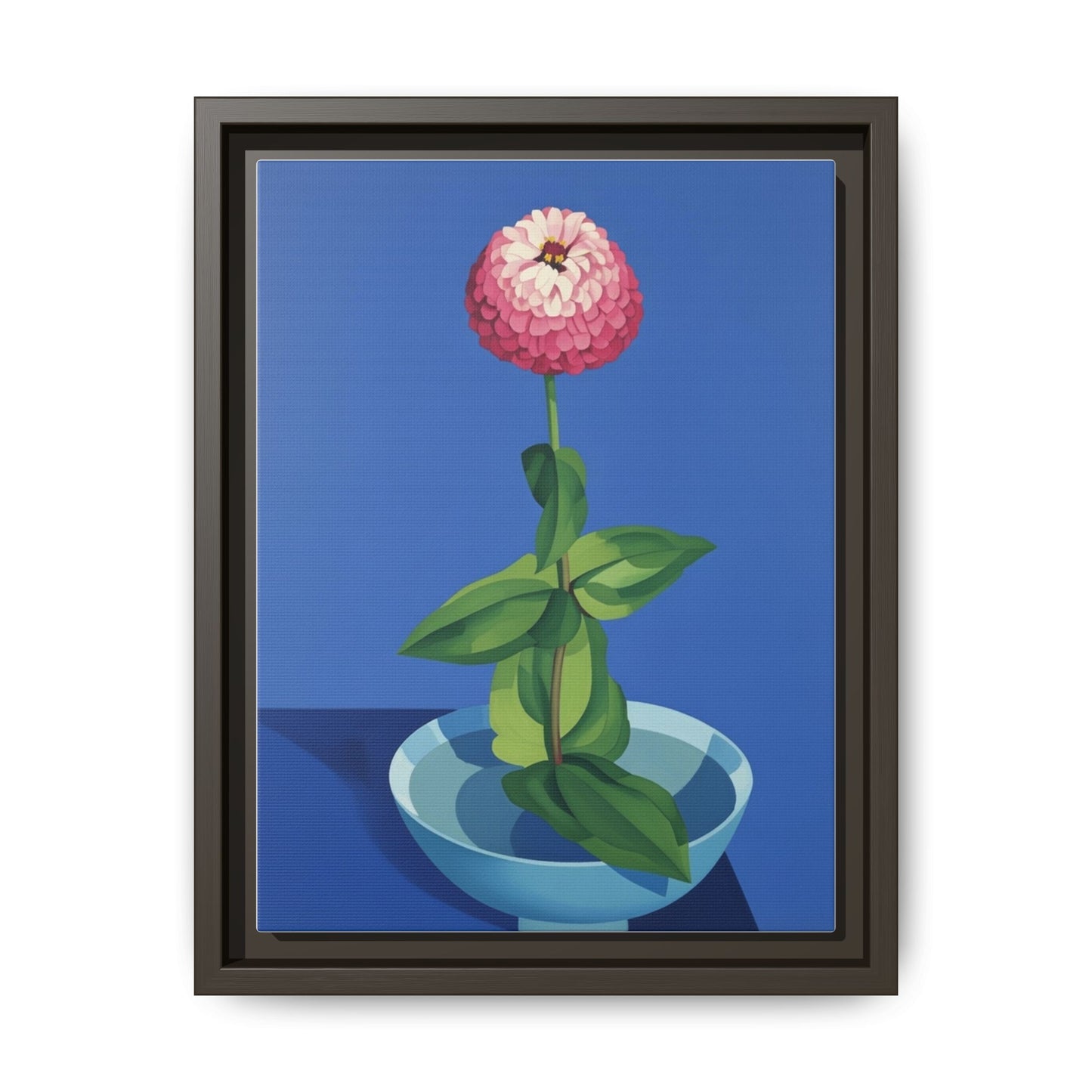 Framed Matte Canvas Art — Pink Zinnia in Blue Bowl (Botanical Still Life)