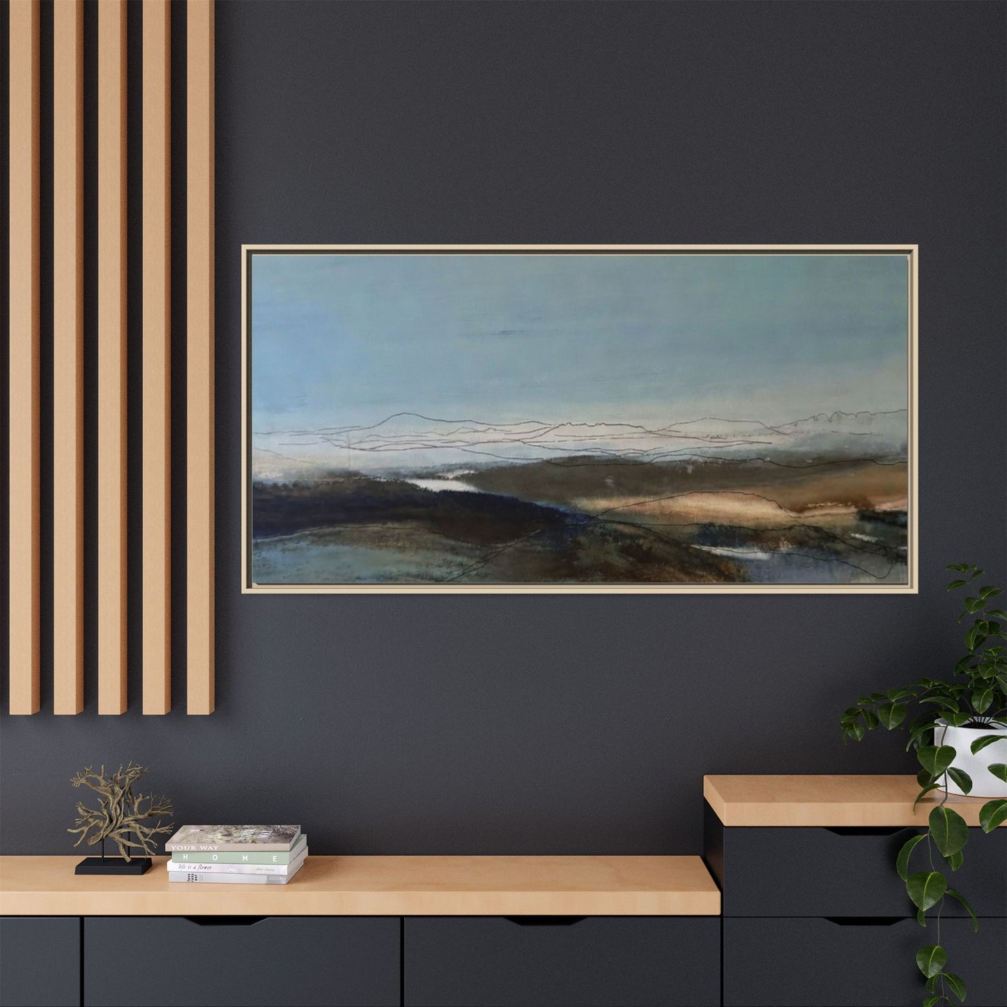 Framed Matte Canvas Wall Art — Serene Abstract Blue Landscape