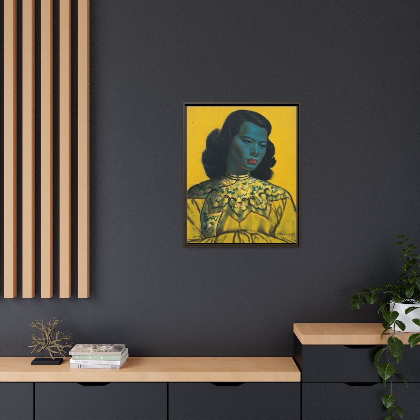 Framed Matte Canvas Art Print — Vintage Portrait with Yellow Background