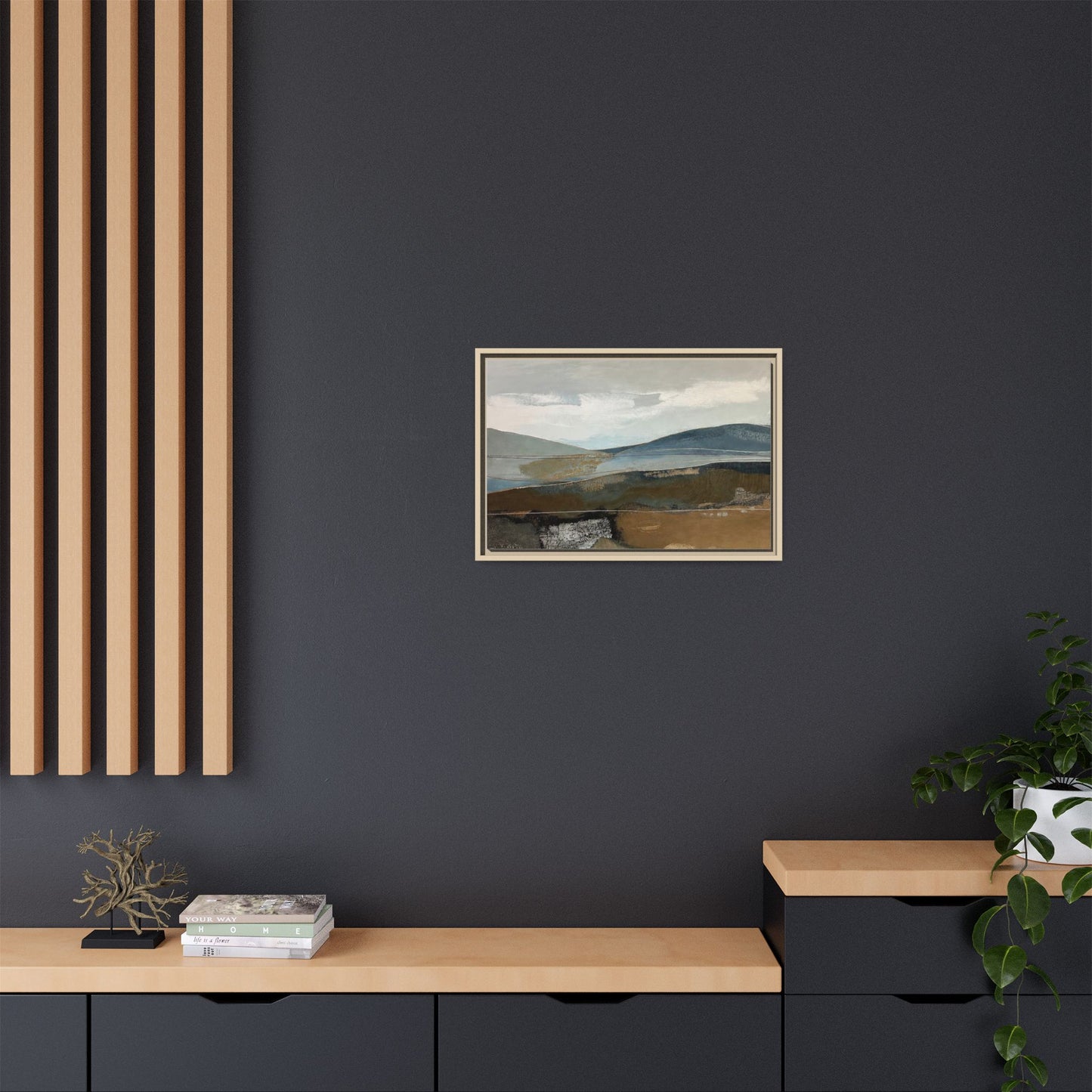 Framed Matte Canvas Landscape Art - Serene Abstract Hills in Blue & Earth Tones
