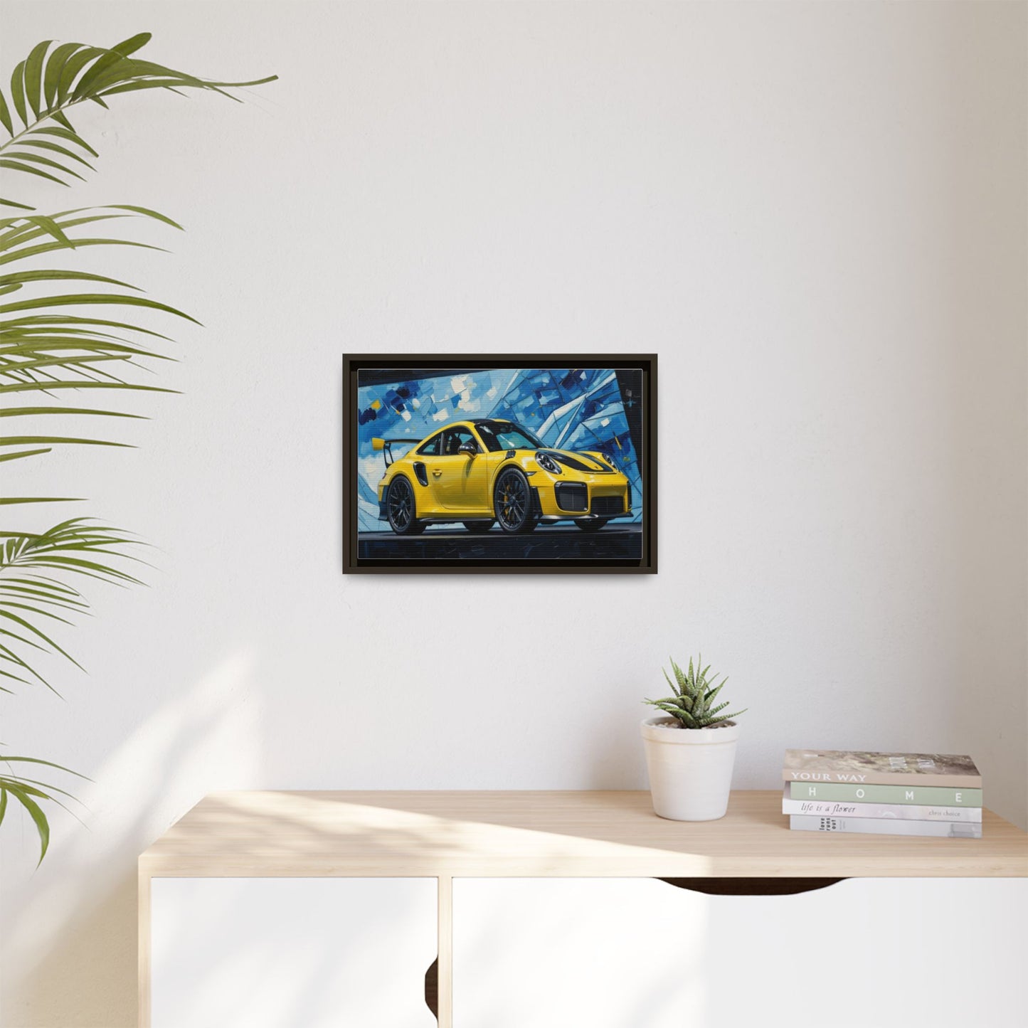 Yellow Porsche Sports Car Matte Framed Canvas – Modern Automotive Wall Art