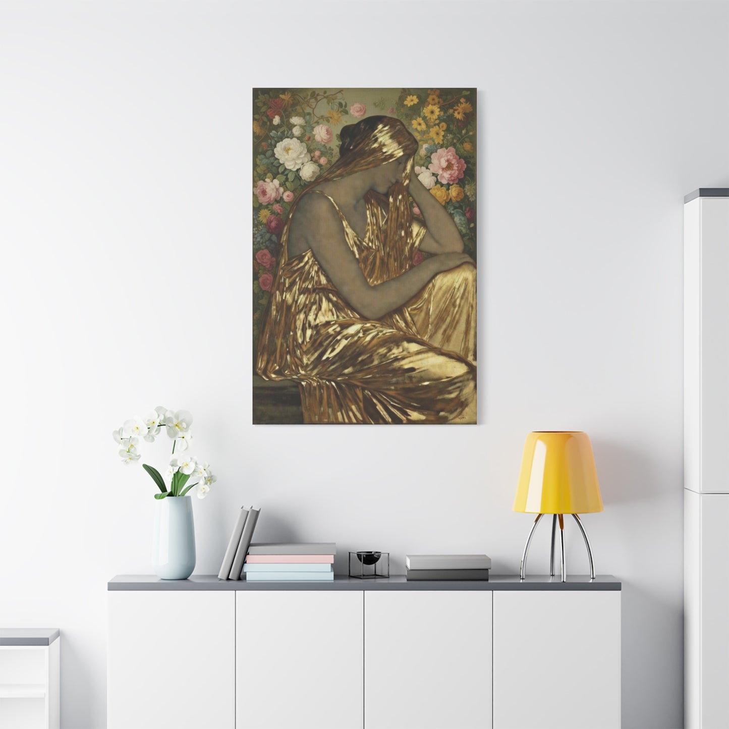 Golden Muse Canvas Print — Woman in Gold Floral Art (Stretched Matte)