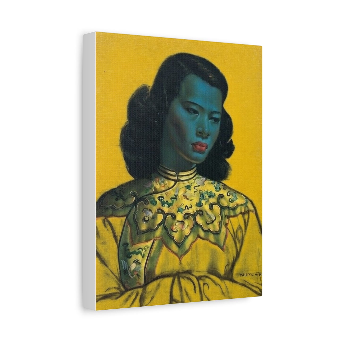 Vintage Portrait Canvas Print — Mid-Century Asian Woman Art on Yellow Background