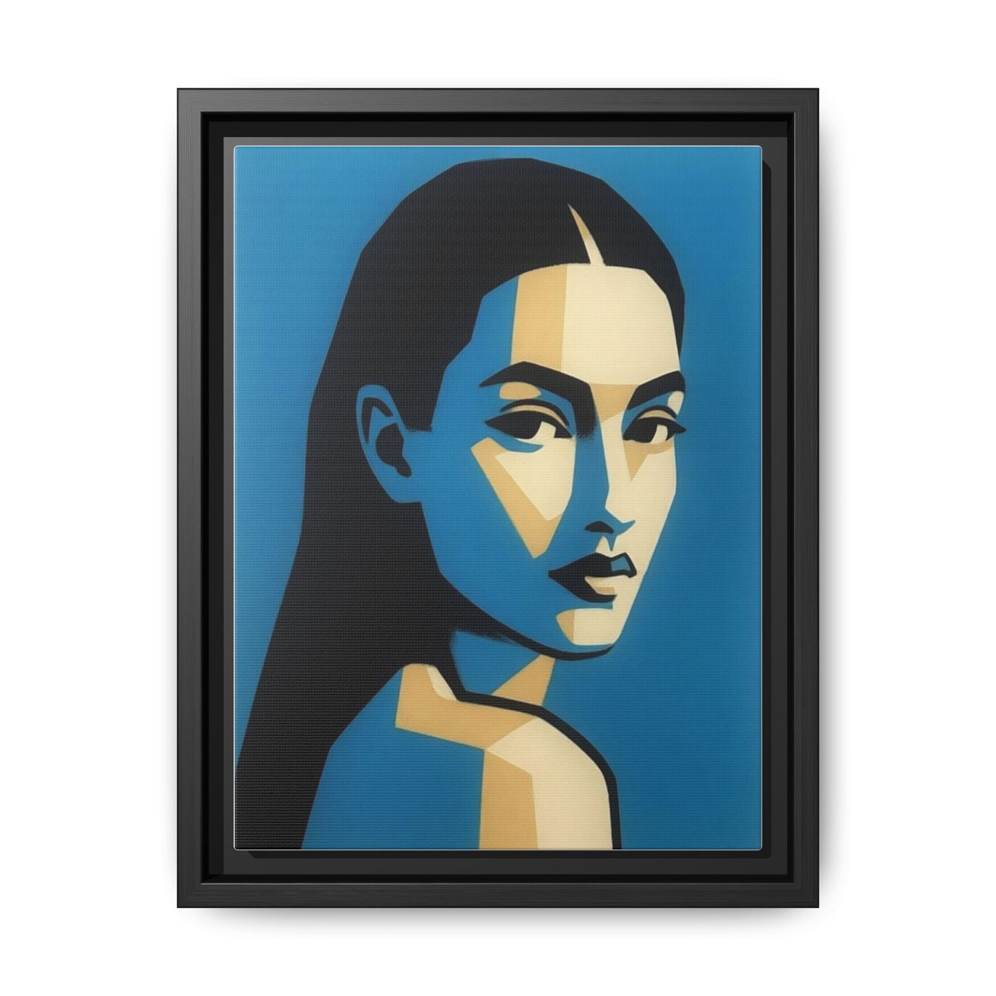 Framed Pop Art Portrait Canvas — Blue Geometric Woman Print