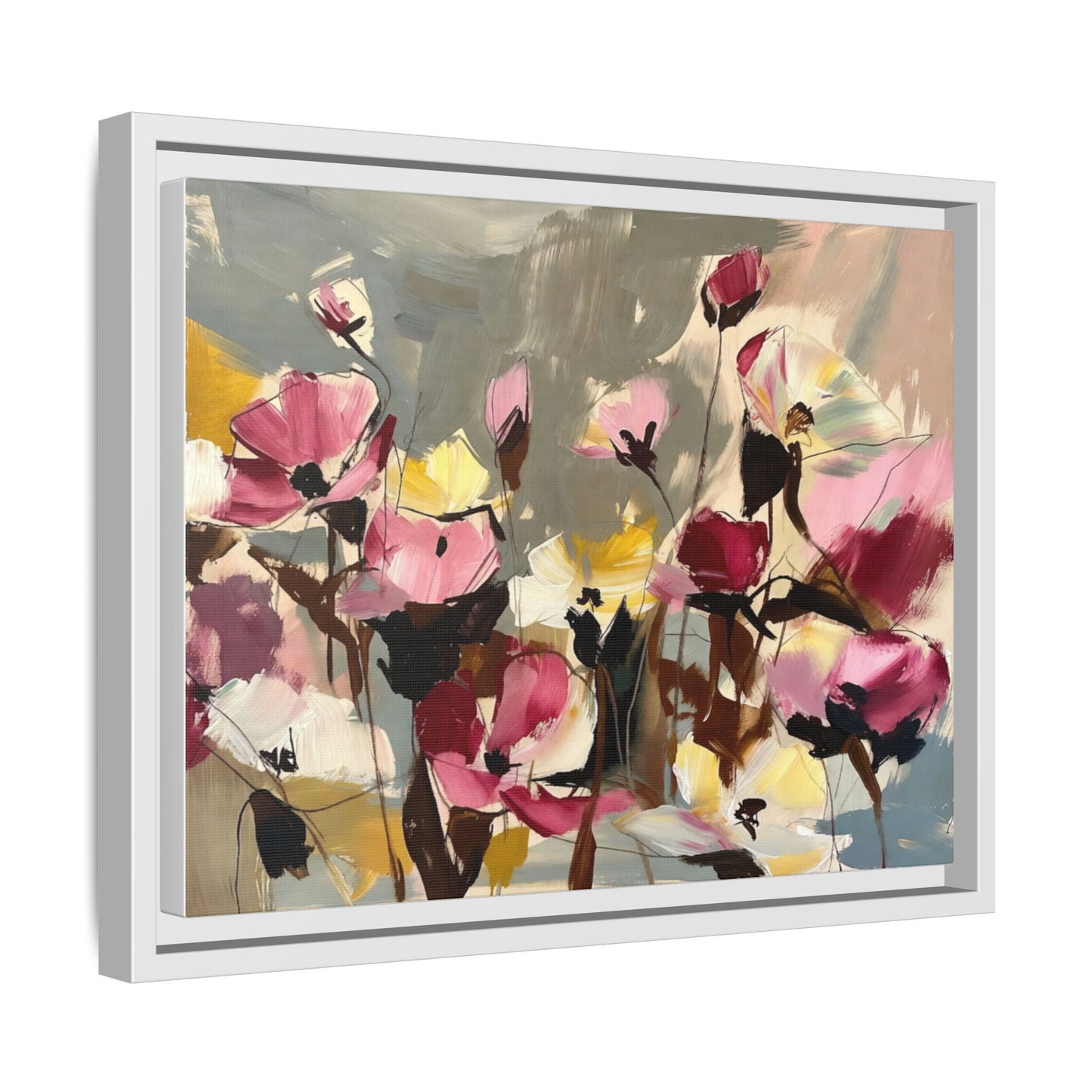 Framed Floral Canvas Wall Art — Abstract Pink & Yellow Flowers