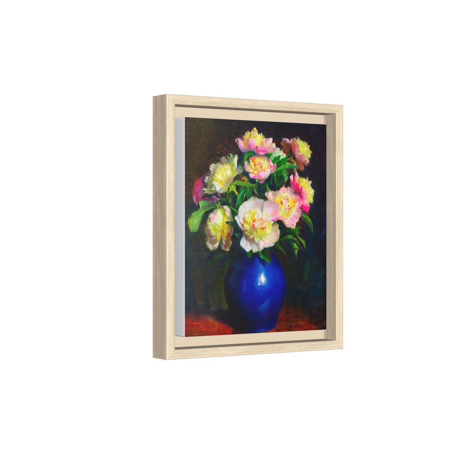 Framed Matte Canvas Wall Art — Vintage Floral Bouquet in Blue Vase