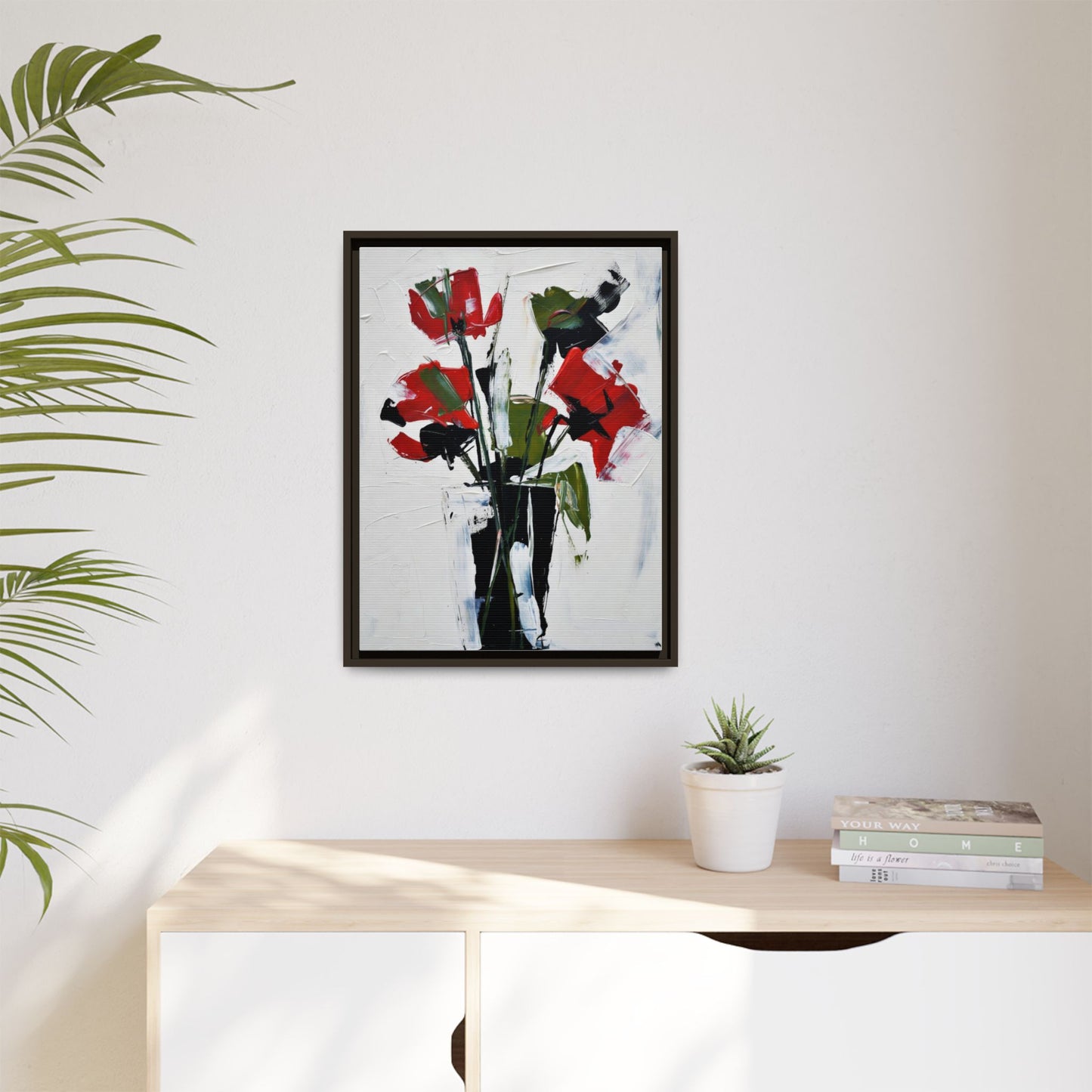 Framed Abstract Floral Canvas Print — Red Poppies in Black Vase