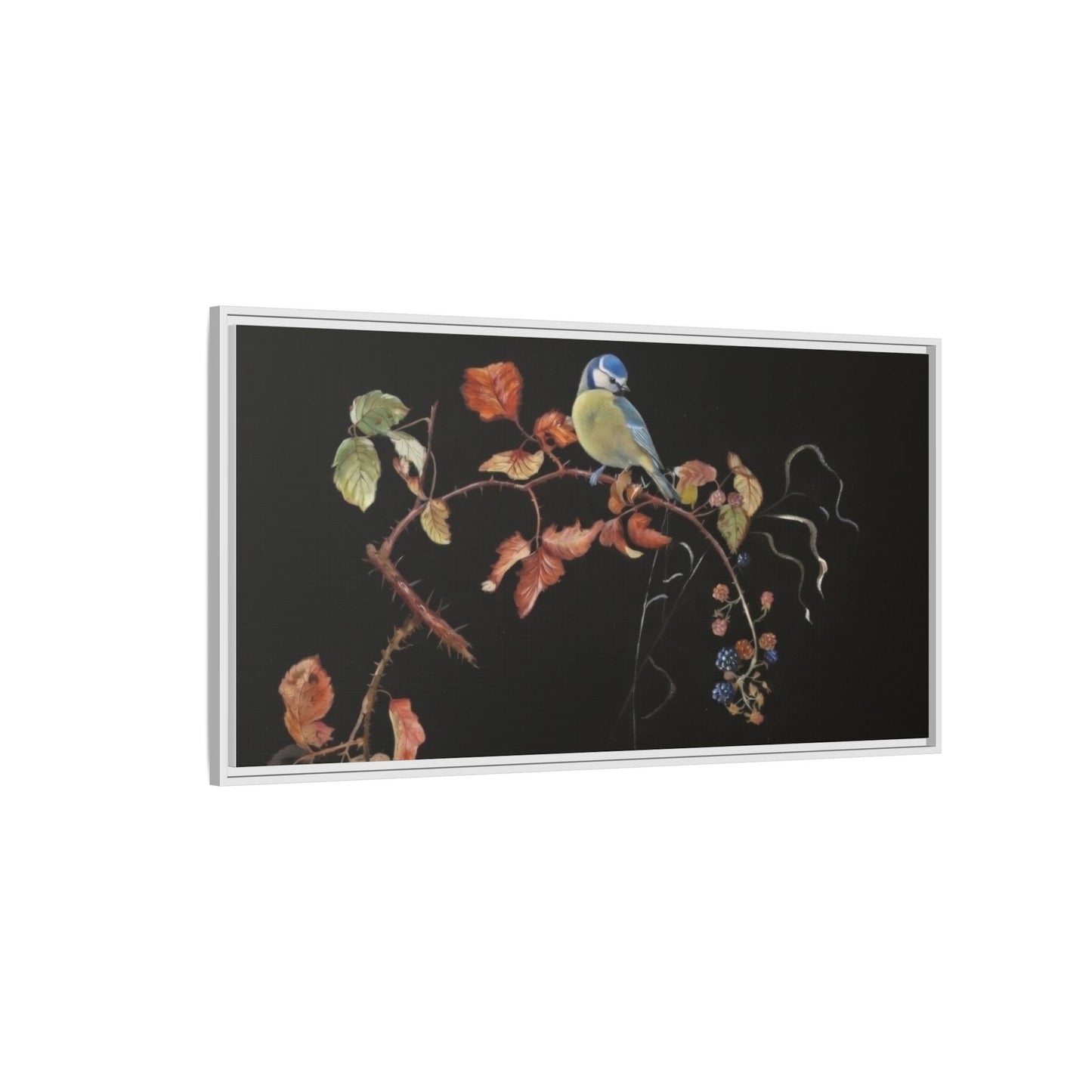Framed Matte Canvas - Blue Tit on Autumn Branch Wall Art