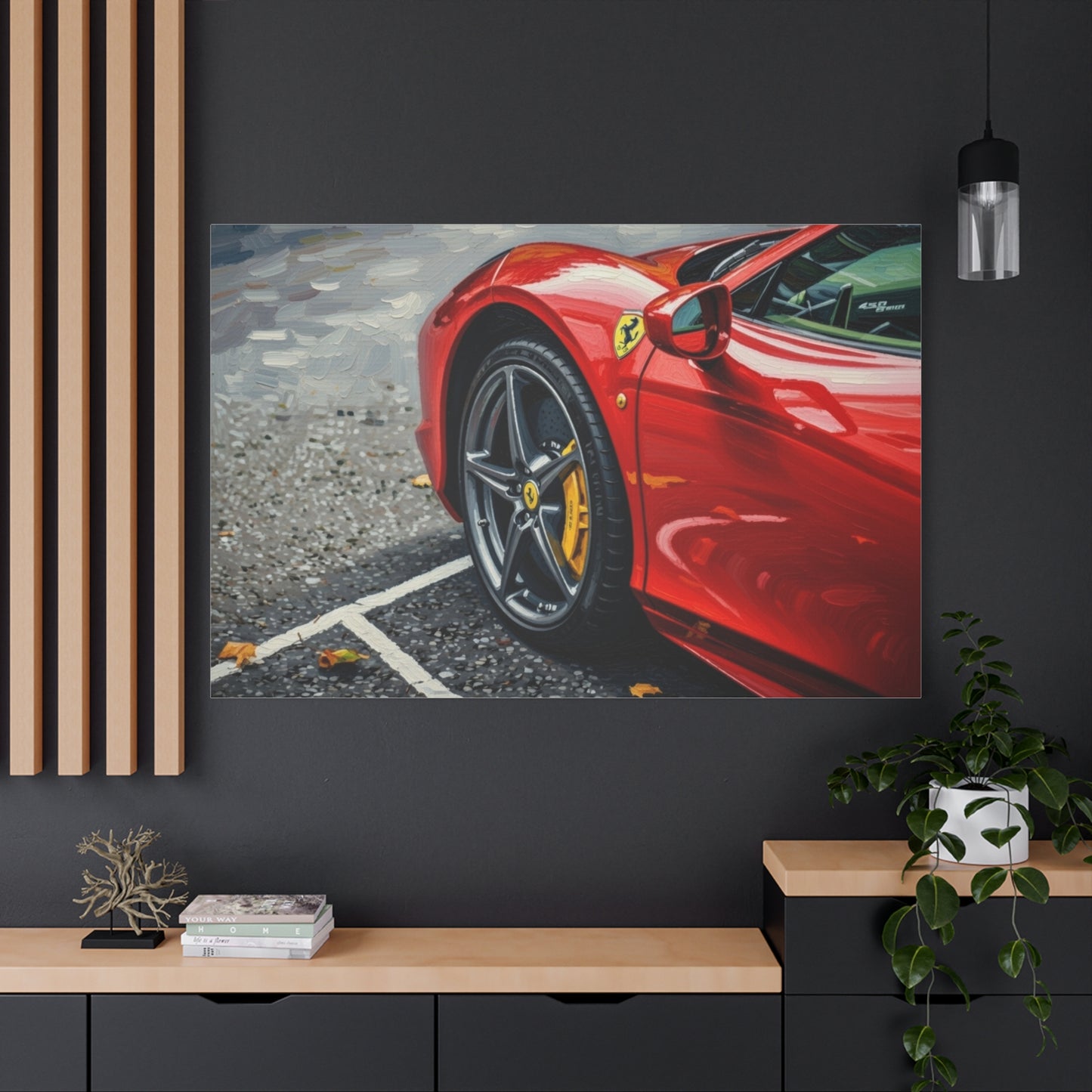 Red Sports Car Canvas Print — Ferrari Wheel Close-Up Matte Stretched Wall Art