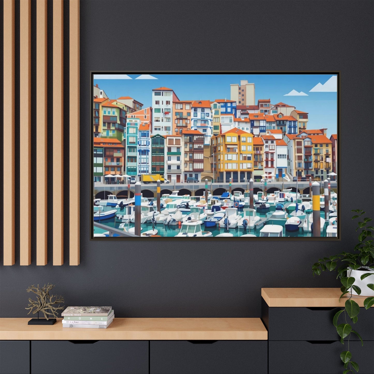 Framed Matte Canvas Print — Colorful Mediterranean Harbor Illustration