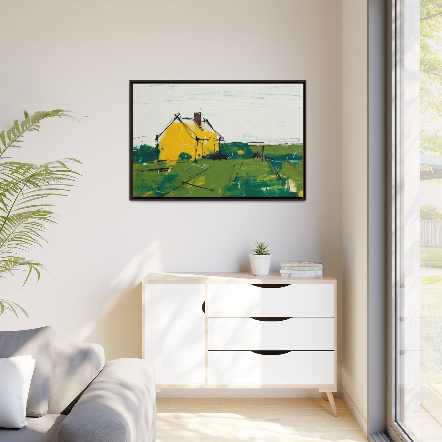 Yellow Cottage Landscape Framed Canvas Print