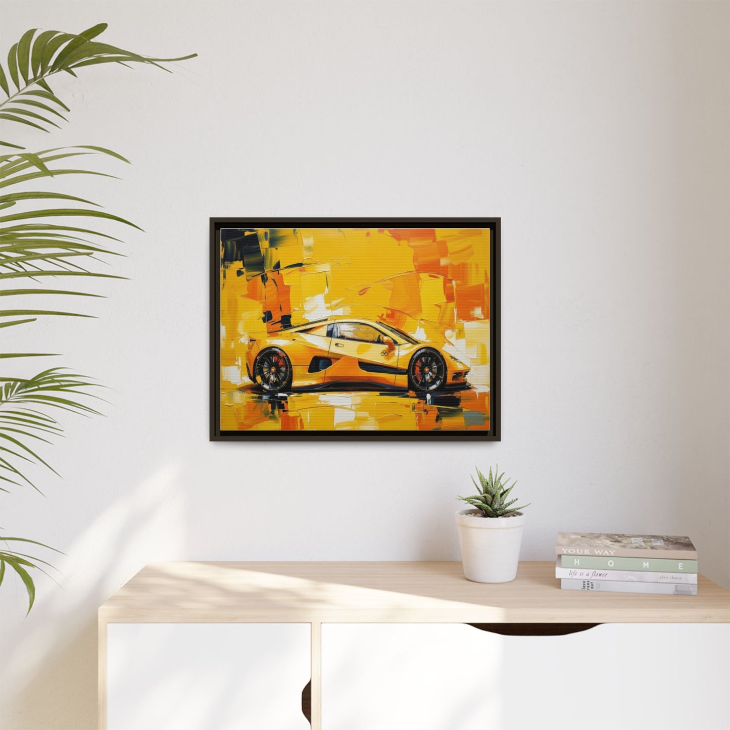 Yellow Sports Car Abstract Matte Canvas Framed Print