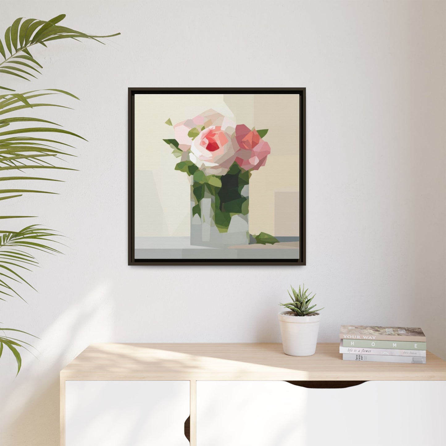Framed Floral Canvas Print — Geometric Pink Rose Wall Art