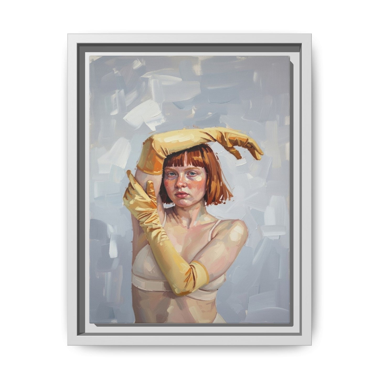 Contemporary Portrait Canvas Print — Woman with Yellow Gloves (Framed Matte)