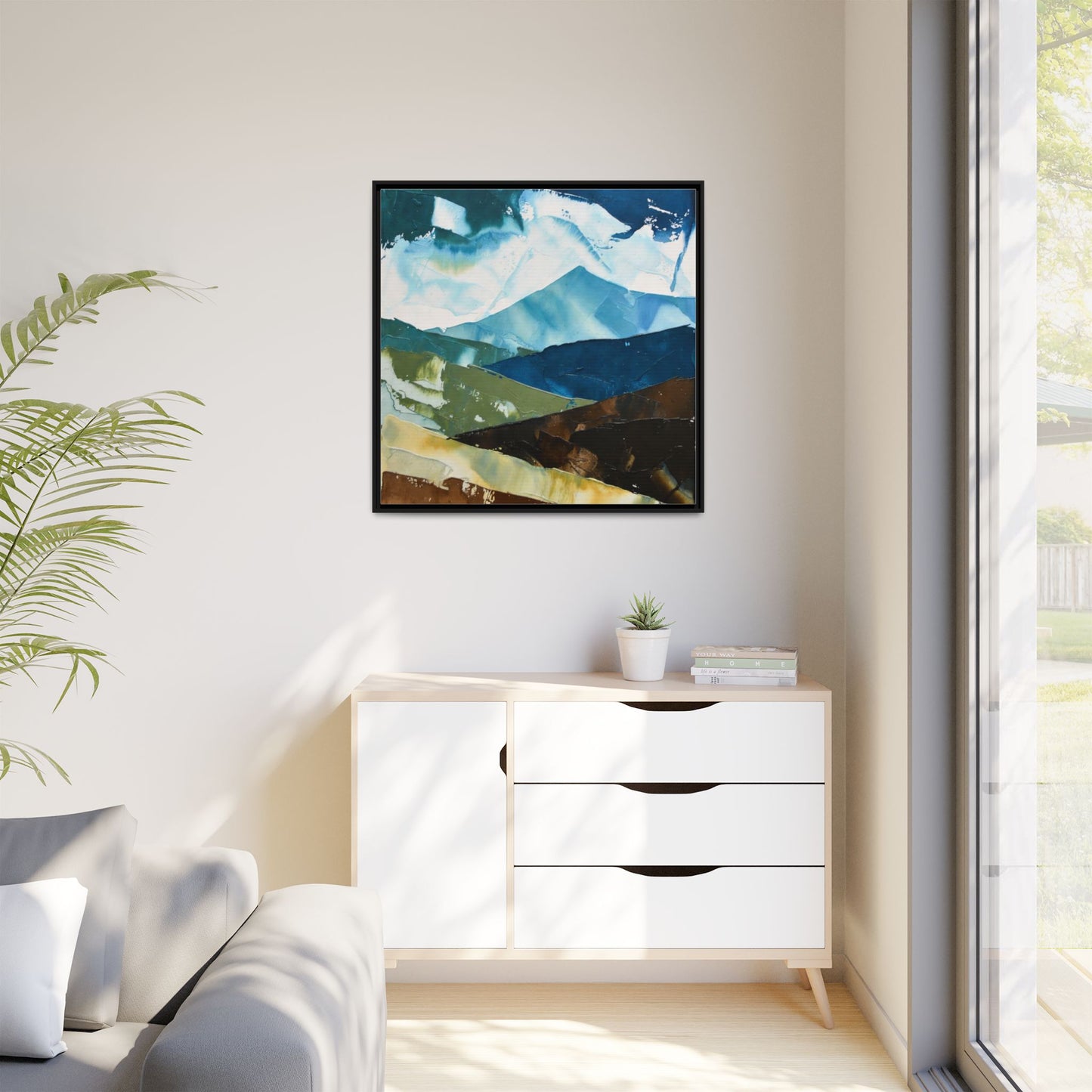 Framed Abstract Mountain Canvas Art — Blue & Earthtone Landscape Print