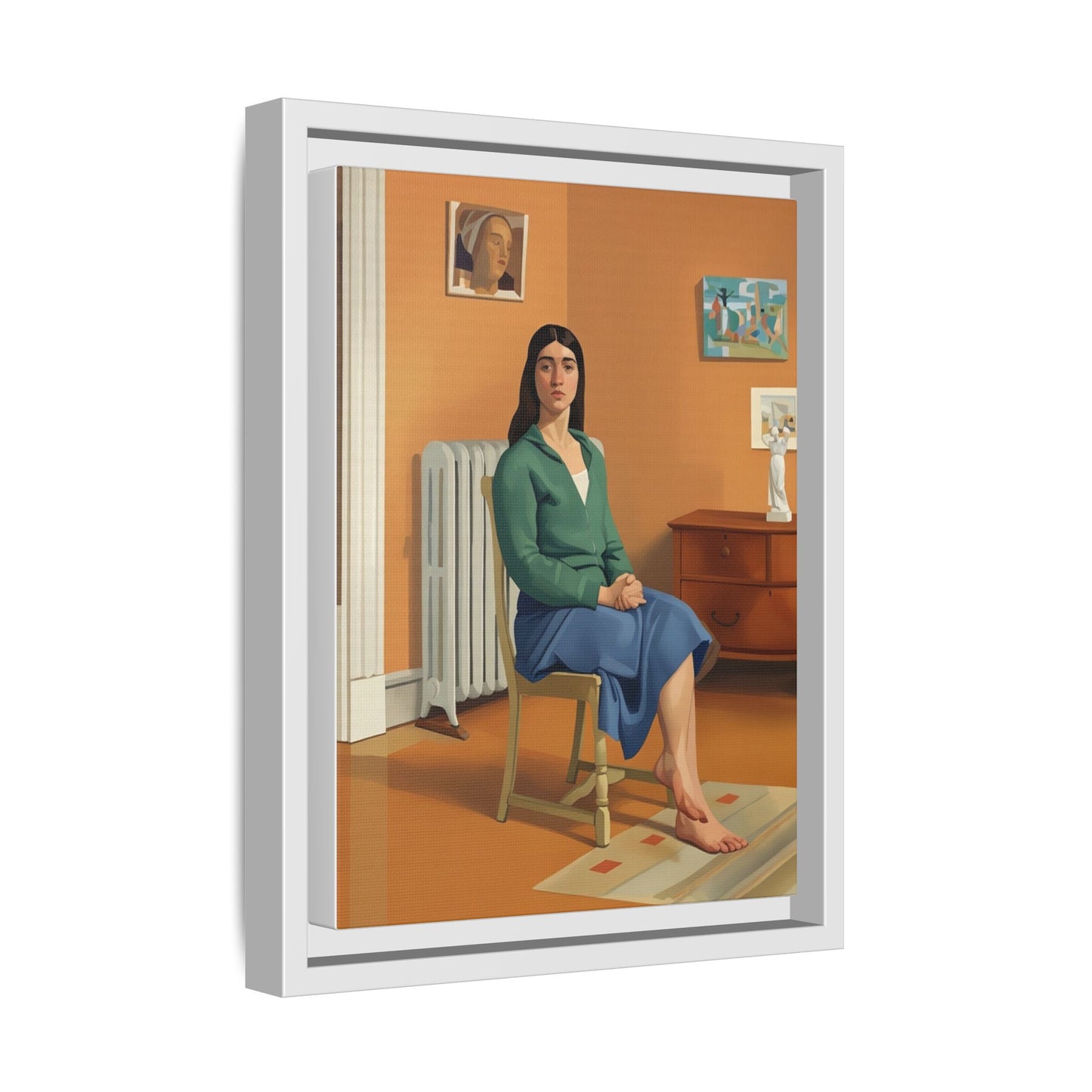 Framed Matte Canvas Print — Woman Seated in Warm Interior (Midcentury Portrait)