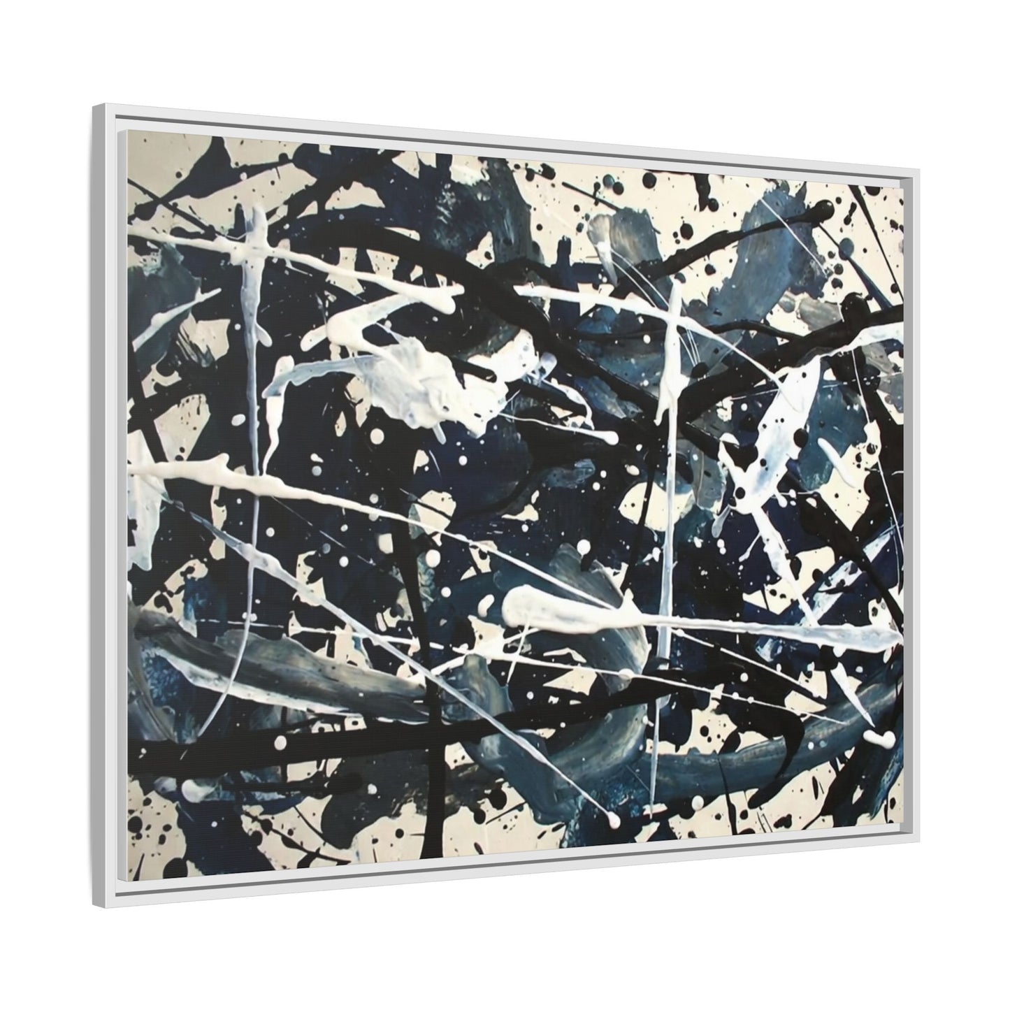Abstract Splatter Matte Canvas Framed Wall Art — Black & Blue Modern Art Print